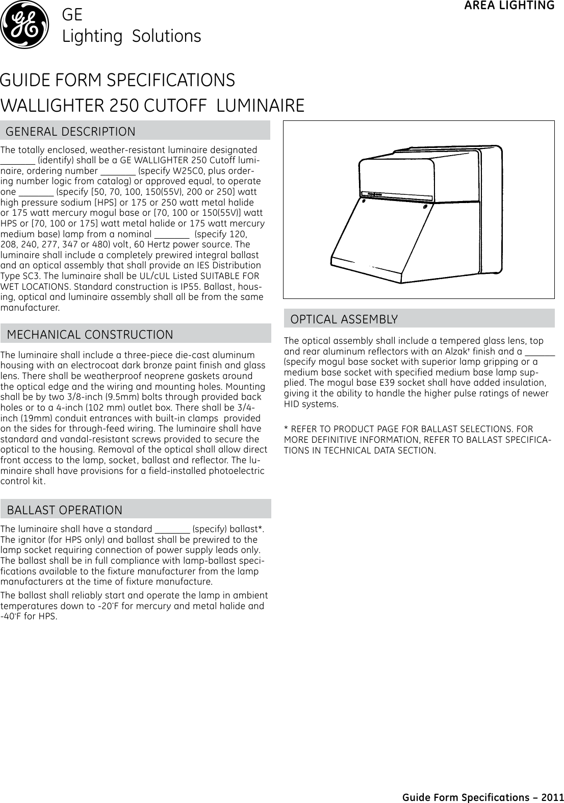 Page 1 of 2 - Ge-Appliances Ge-W25C-Specification-Sheet- GE Outdoor Area Lighting Wallighter 250 Cutoff Luminaire Spec Sheet |  Ge-w25c-specification-sheet