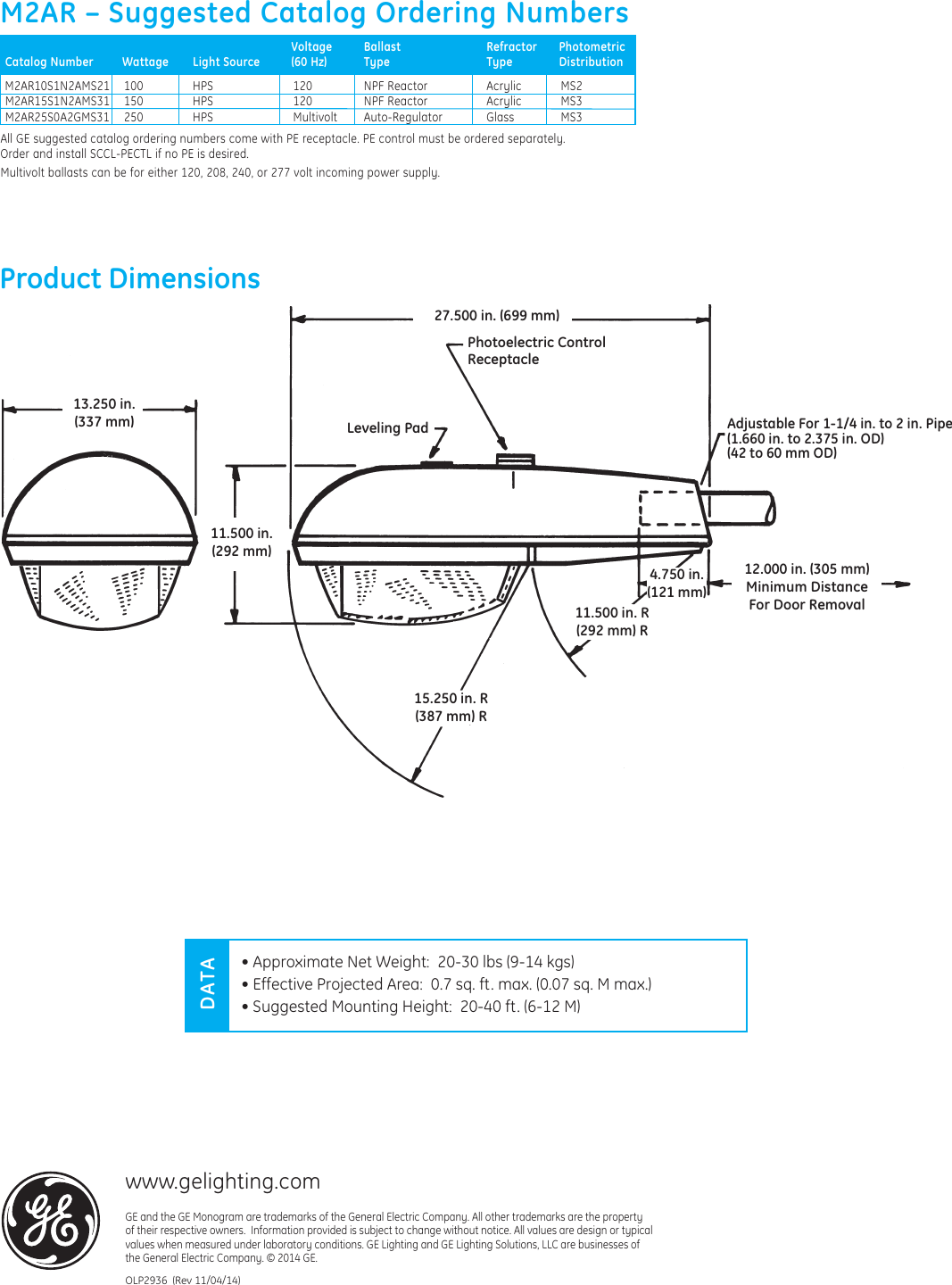 Page 4 of 4 - Ge Ge-M-250A2-Data-Sheet- Roadway Lighting M2AR M250A2 Power Door — Data Sheet | OLP2936  Ge-m-250a2-data-sheet