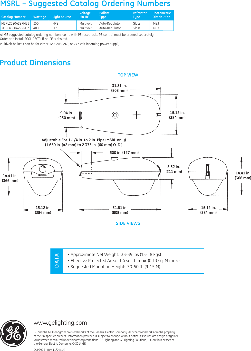 Page 4 of 4 - Ge Ge-M-400-Data-Sheet- Roadway Lighting MSRL & MSRA M-400 — Data Sheet | OLP2925  Ge-m-400-data-sheet