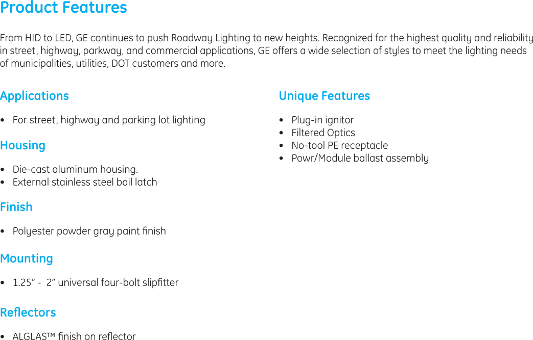 Page 2 of 4 - Ge Ge-M-400R2-Data-Sheet- Roadway Lighting M4AR M400A2 Power Door — Data Sheet | OLP2929  Ge-m-400r2-data-sheet