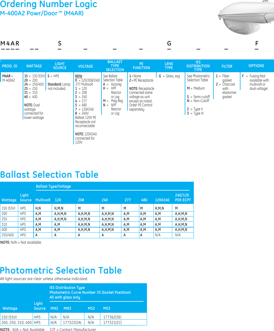 Page 3 of 4 - Ge Ge-M-400R2-Data-Sheet- Roadway Lighting M4AR M400A2 Power Door — Data Sheet | OLP2929  Ge-m-400r2-data-sheet