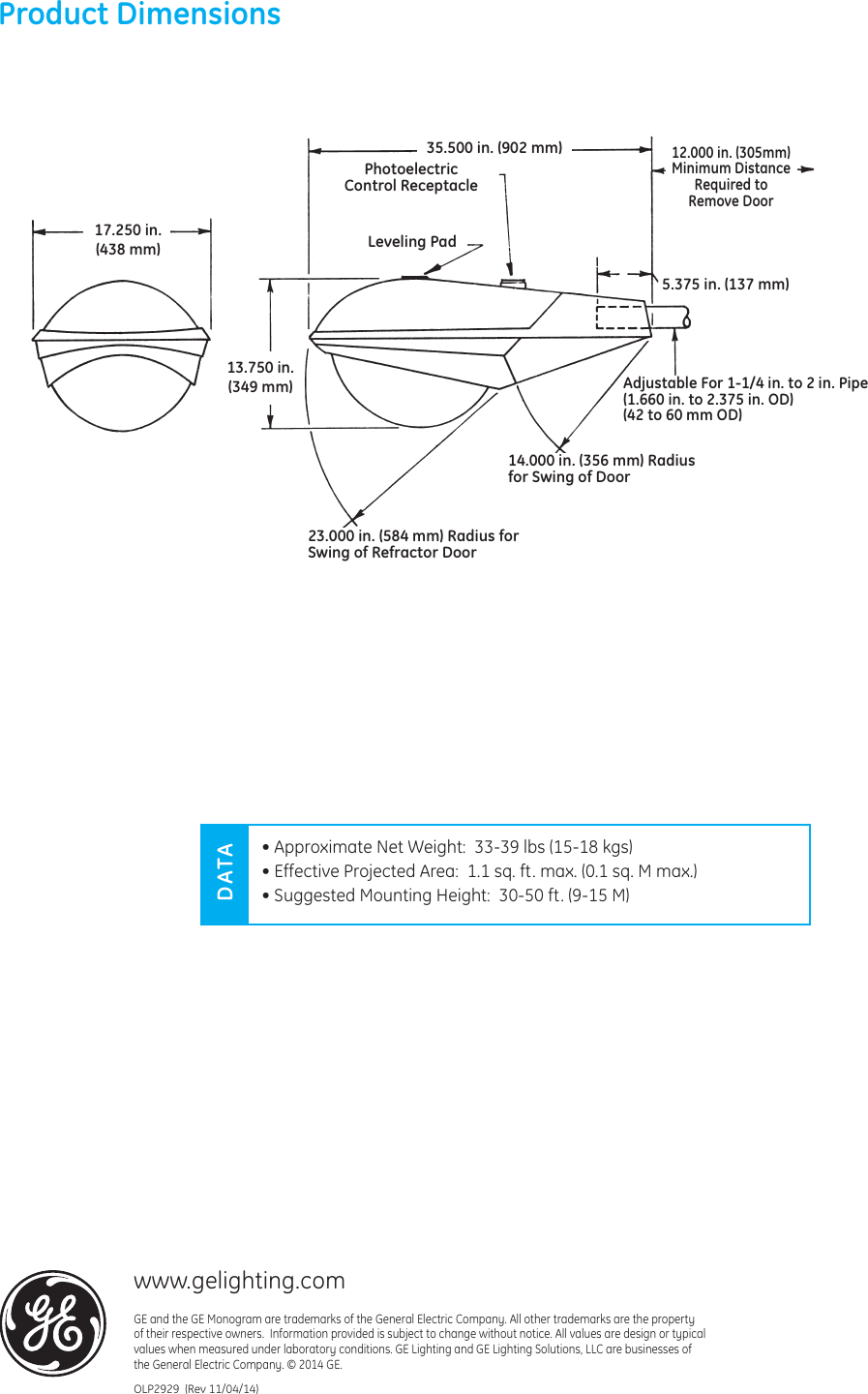 Page 4 of 4 - Ge Ge-M-400R2-Data-Sheet- Roadway Lighting M4AR M400A2 Power Door — Data Sheet | OLP2929  Ge-m-400r2-data-sheet