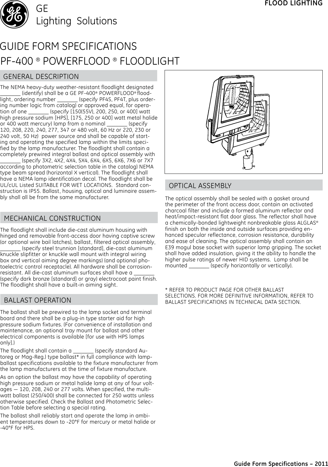 Page 1 of 2 - Ge Ge-Pf-400-Specification-Sheet- Outdoor Floodlighting PF400 Powerflood Spec Sheet | Lighting  Ge-pf-400-specification-sheet