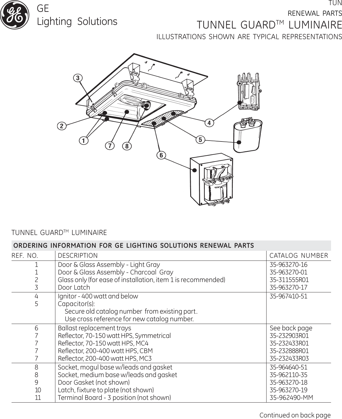 Page 1 of 2 - Ge Ge-Tun-Renewal-Parts- Outdoor Roadway Lighting Tunnel Guard Luminaire Renewal Parts |  Ge-tun-renewal-parts