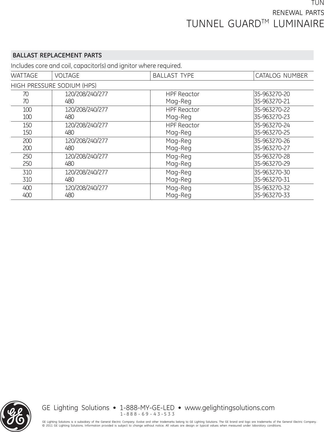 Page 2 of 2 - Ge Ge-Tun-Renewal-Parts- Outdoor Roadway Lighting Tunnel Guard Luminaire Renewal Parts |  Ge-tun-renewal-parts