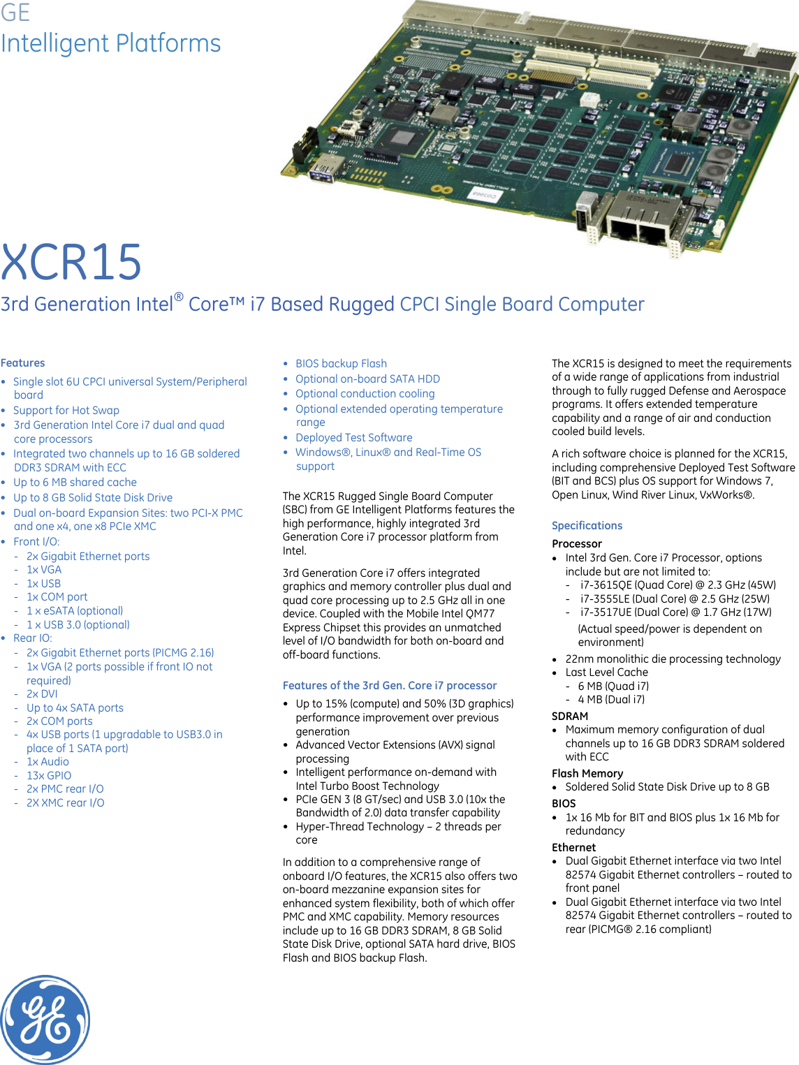 Page 1 of 2 - Ge Ge-Xcr15-Compactpci-Sbc-Data-Sheet Xcr15_ds Rev6