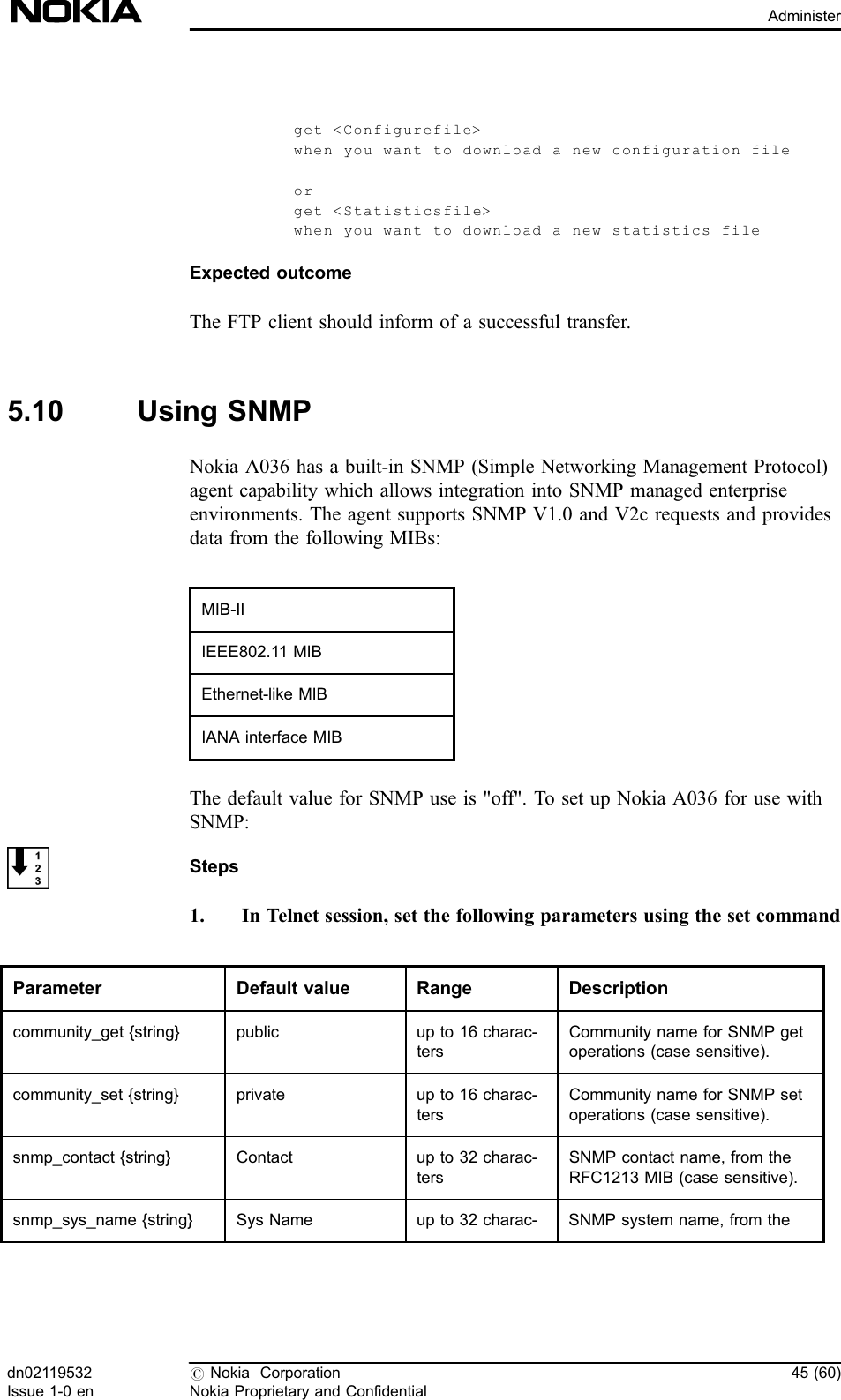 get &lt;Configurefile&gt;when you want to download a new configuration fileorget &lt;Statisticsfile&gt;when you want to download a new statistics fileExpected outcomeThe FTP client should inform of a successful transfer.5.10 Using SNMPNokia A036 has a built-in SNMP (Simple Networking Management Protocol)agent capability which allows integration into SNMP managed enterpriseenvironments. The agent supports SNMP V1.0 and V2c requests and providesdata from the following MIBs:MIB-IIIEEE802.11 MIBEthernet-like MIBIANA interface MIBThe default value for SNMP use is &quot;off&quot;. To set up Nokia A036 for use withSNMP:Steps1. In Telnet session, set the following parameters using the set commandParameter Default value Range Descriptioncommunity_get {string} public up to 16 charac-tersCommunity name for SNMP getoperations (case sensitive).community_set {string} private up to 16 charac-tersCommunity name for SNMP setoperations (case sensitive).snmp_contact {string} Contact up to 32 charac-tersSNMP contact name, from theRFC1213 MIB (case sensitive).snmp_sys_name {string} Sys Name up to 32 charac- SNMP system name, from thedn02119532Issue 1-0 en#Nokia CorporationNokia Proprietary and Confidential45 (60)Administer