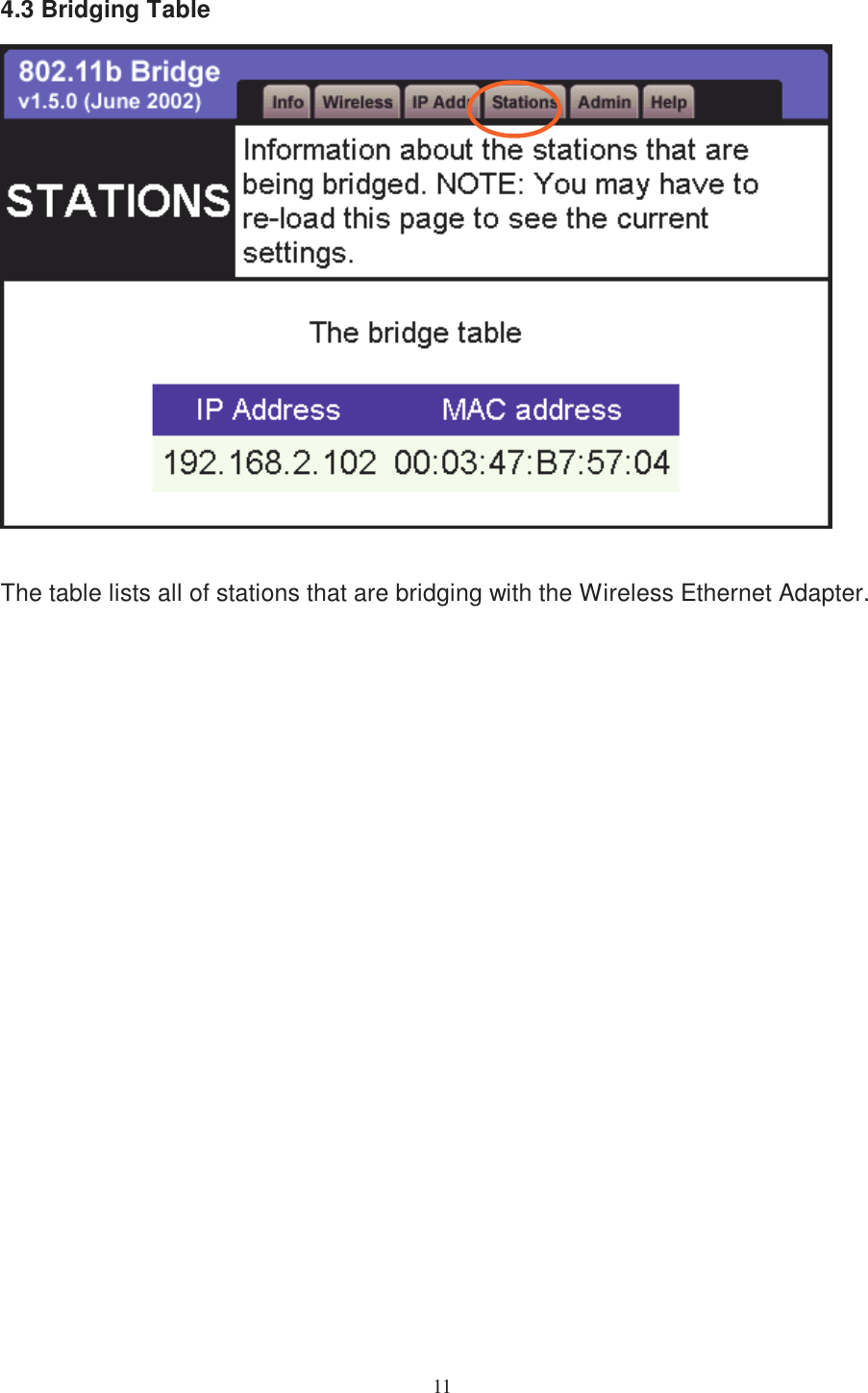 114.3 Bridging TableThe table lists all of stations that are bridging with the Wireless Ethernet Adapter.