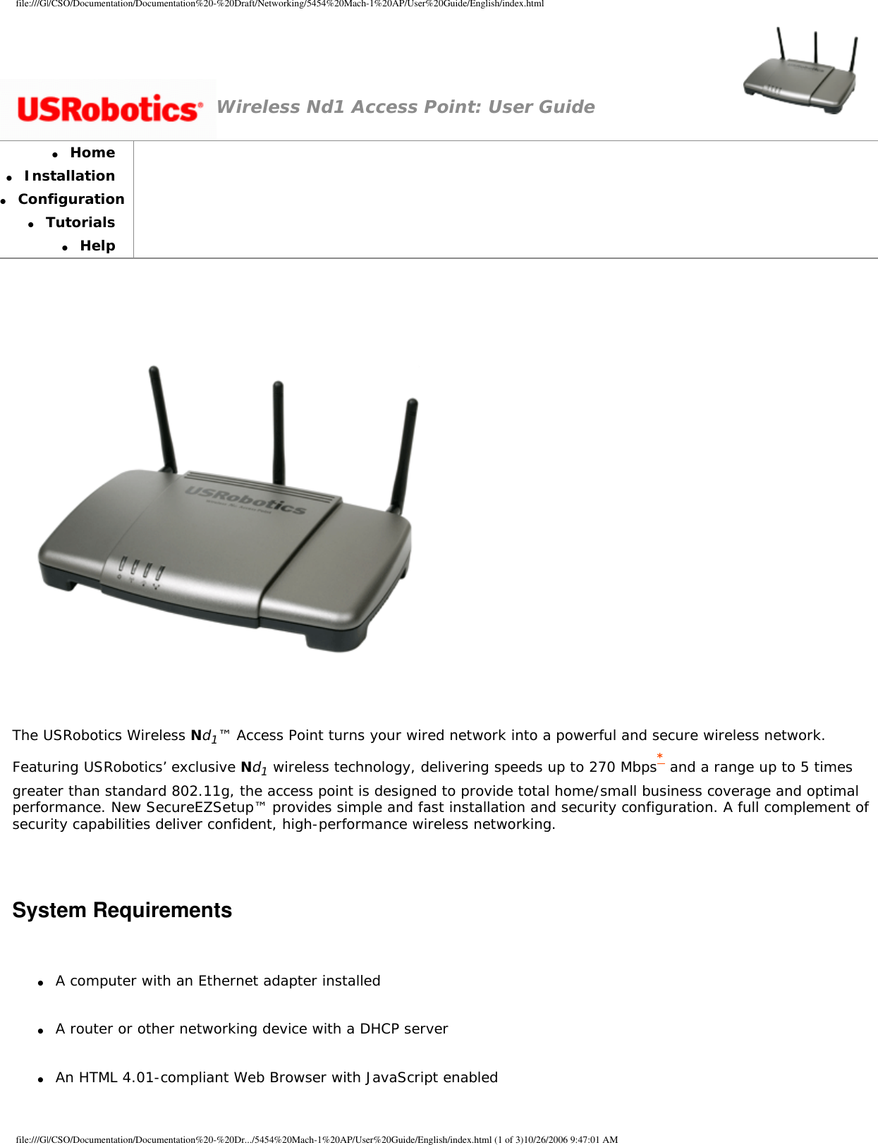 Page 1 of GemTek Technology A950630GN USRobotics Wireless Nd1 Access Point User Manual Manual