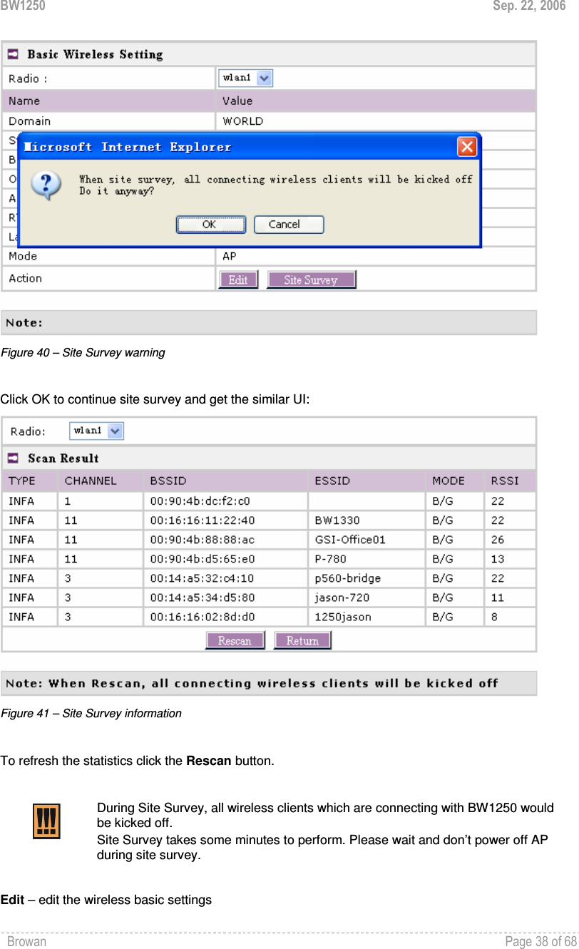 BW1250  Sep. 22, 2006 Browan    Page 38 of 68    Figure 40 – Site Survey warning   Click OK to continue site survey and get the similar UI:  Figure 41 – Site Survey information   To refresh the statistics click the Rescan button.   During Site Survey, all wireless clients which are connecting with BW1250 would be kicked off. Site Survey takes some minutes to perform. Please wait and don’t power off AP during site survey.   Edit – edit the wireless basic settings 