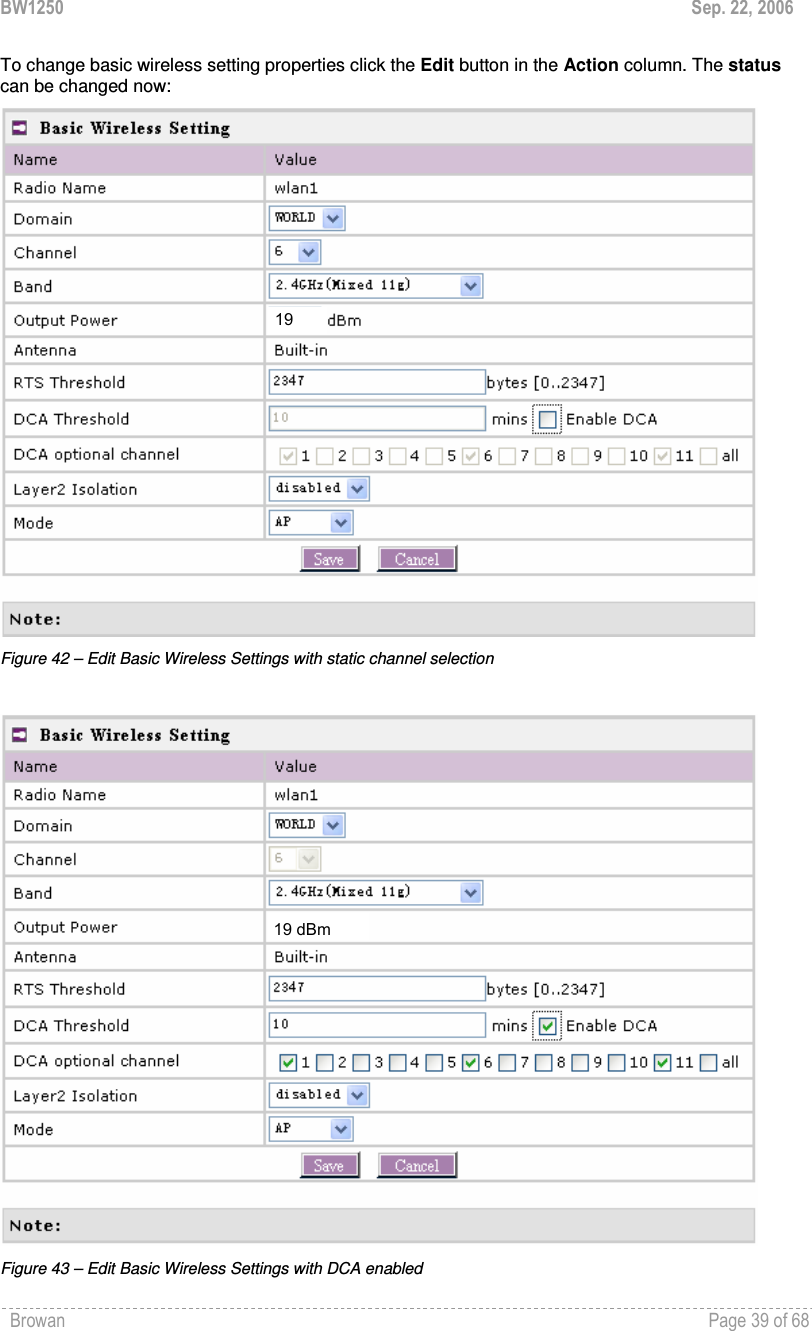BW1250  Sep. 22, 2006 Browan    Page 39 of 68   To change basic wireless setting properties click the Edit button in the Action column. The status can be changed now:  Figure 42 – Edit Basic Wireless Settings with static channel selection   Figure 43 – Edit Basic Wireless Settings with DCA enabled 1919 dBm 