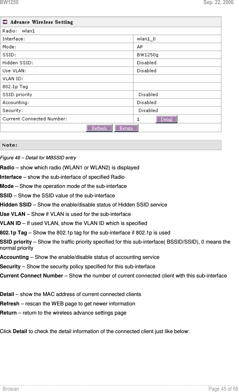 BW1250  Sep. 22, 2006 Browan    Page 45 of 68    Figure 48 – Detail for MBSSID entry Radio – show which radio (WLAN1 or WLAN2) is displayed Interface – show the sub-interface of specified Radio Mode – Show the operation mode of the sub-interface SSID – Show the SSID value of the sub-interface Hidden SSID – Show the enable/disable status of Hidden SSID service Use VLAN – Show if VLAN is used for the sub-interface VLAN ID – If used VLAN, show the VLAN ID which is specified 802.1p Tag – Show the 802.1p tag for the sub-interface if 802.1p is used SSID priority – Show the traffic priority specified for this sub-interface( BSSID/SSID), 0 means the normal priority Accounting – Show the enable/disable status of accounting service Security – Show the security policy specified for this sub-interface Current Connect Number – Show the number of current connected client with this sub-interface  Detail – show the MAC address of current connected clients Refresh – rescan the WEB page to get newer information Return – return to the wireless advance settings page  Click Detail to check the detail information of the connected client just like below: 