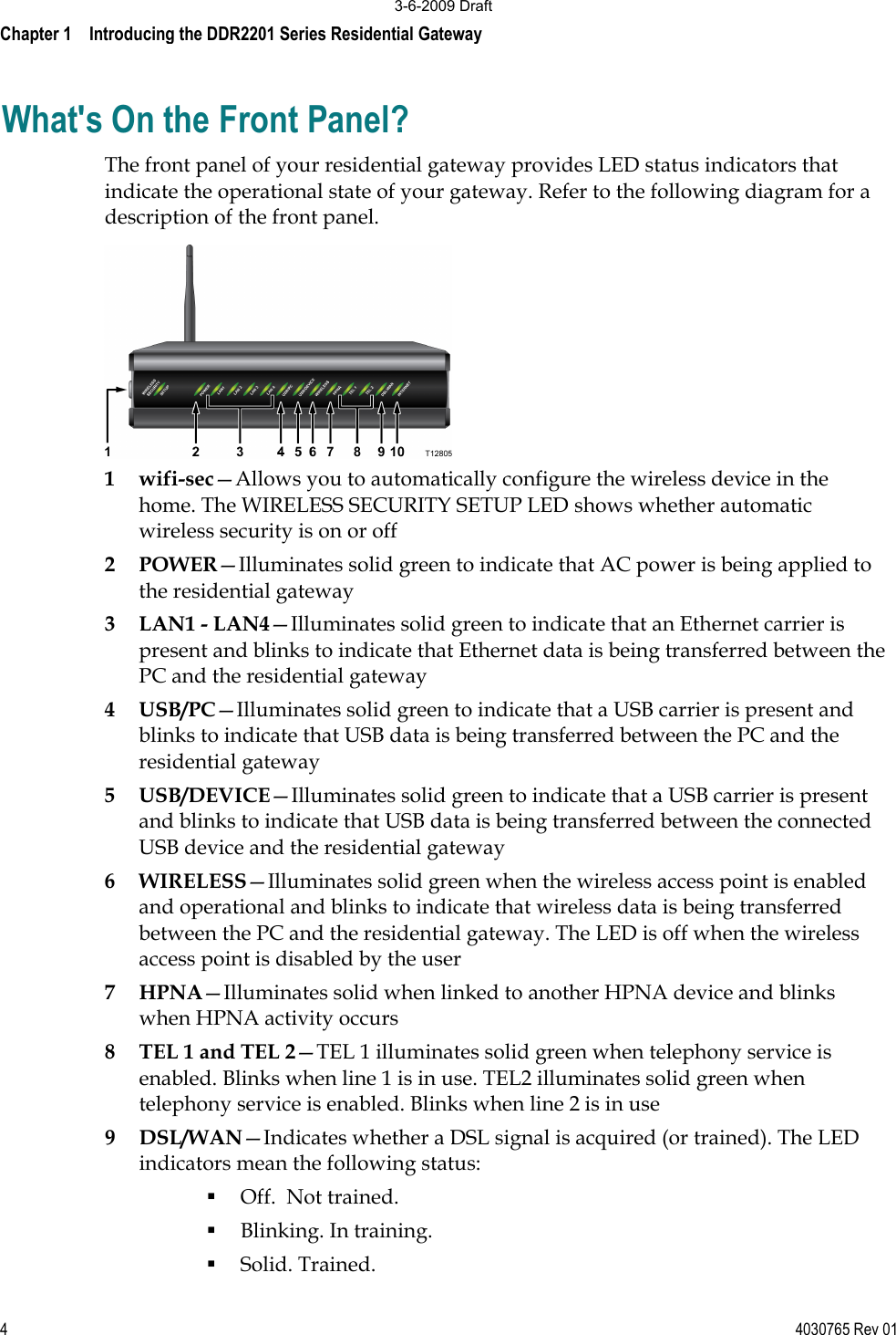 Chapter 1    Introducing the DDR2201 Series Residential Gateway4  4030765 Rev 01What&apos;s On the Front Panel? The front panel of your residential gateway provides LED status indicators that indicate the operational state of your gateway. Refer to the following diagram for a description of the front panel. 1wifi-sec—Allows you to automatically configure the wireless device in the home. The WIRELESS SECURITY SETUP LED shows whether automatic wireless security is on or off 2 POWER—Illuminates solid green to indicate that AC power is being applied to the residential gateway3LAN1 - LAN4—Illuminates solid green to indicate that an Ethernet carrier is present and blinks to indicate that Ethernet data is being transferred between the PC and the residential gateway 4USB/PC—Illuminates solid green to indicate that a USB carrier is present and blinks to indicate that USB data is being transferred between the PC and the residential gateway 5USB/DEVICE—Illuminates solid green to indicate that a USB carrier is present and blinks to indicate that USB data is being transferred between the connected USB device and the residential gateway 6WIRELESS—Illuminates solid green when the wireless access point is enabled and operational and blinks to indicate that wireless data is being transferred between the PC and the residential gateway. The LED is off when the wireless access point is disabled by the user7HPNA—Illuminates solid when linked to another HPNA device and blinks when HPNA activity occurs 8TEL 1 and TEL 2—TEL 1 illuminates solid green when telephony service isenabled. Blinks when line 1 is in use. TEL2 illuminates solid green when telephony service is enabled. Blinks when line 2 is in use 9DSL/WAN—Indicates whether a DSL signal is acquired (or trained). The LED indicators mean the following status:Off.  Not trained. Blinking. In training. Solid. Trained. 3-6-2009 Draft