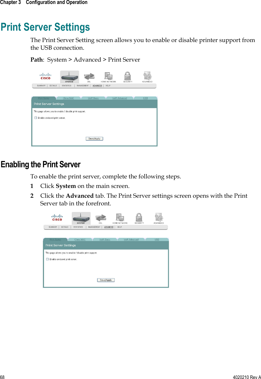  Chapter 3    Configuration and Operation   68  4020210 Rev A Print Server Settings The Print Server Setting screen allows you to enable or disable printer support from the USB connection.  Path:  System &gt; Advanced &gt; Print Server   Enabling the Print Server To enable the print server, complete the following steps. 1 Click System on the main screen.  2 Click the Advanced tab. The Print Server settings screen opens with the Print Server tab in the forefront.   
