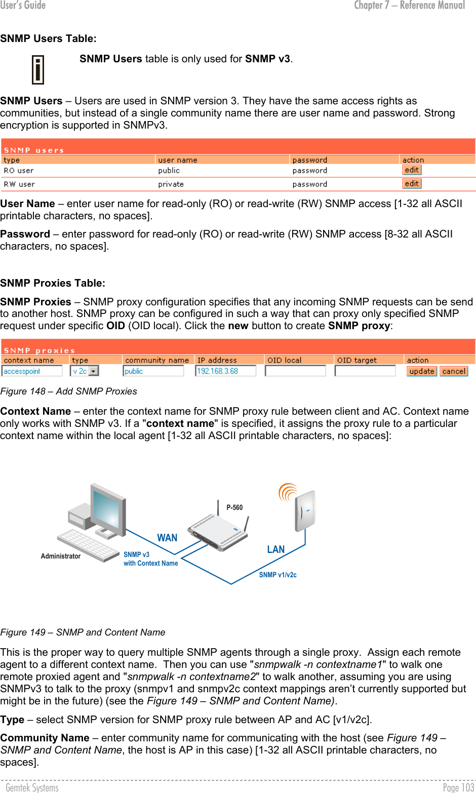 User’s Guide  Chapter 7 – Reference Manual SNMP Users Table:  SNMP Users table is only used for SNMP v3. SNMP Users – Users are used in SNMP version 3. They have the same access rights as communities, but instead of a single community name there are user name and password. Strong encryption is supported in SNMPv3.  User Name – enter user name for read-only (RO) or read-write (RW) SNMP access [1-32 all ASCII printable characters, no spaces]. Password – enter password for read-only (RO) or read-write (RW) SNMP access [8-32 all ASCII characters, no spaces].  SNMP Proxies Table: SNMP Proxies – SNMP proxy configuration specifies that any incoming SNMP requests can be send to another host. SNMP proxy can be configured in such a way that can proxy only specified SNMP request under specific OID (OID local). Click the new button to create SNMP proxy:  Figure 148 – Add SNMP Proxies Context Name – enter the context name for SNMP proxy rule between client and AC. Context name only works with SNMP v3. If a &quot;context name&quot; is specified, it assigns the proxy rule to a particular context name within the local agent [1-32 all ASCII printable characters, no spaces]: P-560AdministratorLANWANSNMP v1/v2cSNMP v3with Context Name Figure 149 – SNMP and Content Name This is the proper way to query multiple SNMP agents through a single proxy.  Assign each remote agent to a different context name.  Then you can use &quot;snmpwalk -n contextname1&quot; to walk one remote proxied agent and &quot;snmpwalk -n contextname2&quot; to walk another, assuming you are using SNMPv3 to talk to the proxy (snmpv1 and snmpv2c context mappings aren’t currently supported but might be in the future) (see the Figure 149 – SNMP and Content Name). Type – select SNMP version for SNMP proxy rule between AP and AC [v1/v2c]. Community Name – enter community name for communicating with the host (see Figure 149 – SNMP and Content Name, the host is AP in this case) [1-32 all ASCII printable characters, no spaces]. Gemtek Systems    Page 103  