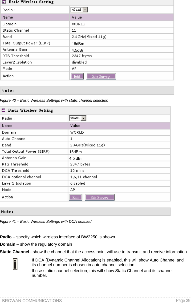 BROWAN COMMUNICATIONS   Page 39   Figure 40 – Basic Wireless Settings with static channel selection  Figure 41 – Basic Wireless Settings with DCA enabled  Radio – specify which wireless interface of BW2250 is shown Domain – show the regulatory domain Static Channel– show the channel that the access point will use to transmit and receive information.   If DCA (Dynamic Channel Allocation) is enabled, this will show Auto Channel and its channel number is chosen in auto channel selection. If use static channel selection, this will show Static Channel and its channel number.  16dBm4.5dBi 16dBm 4.5 dBi 