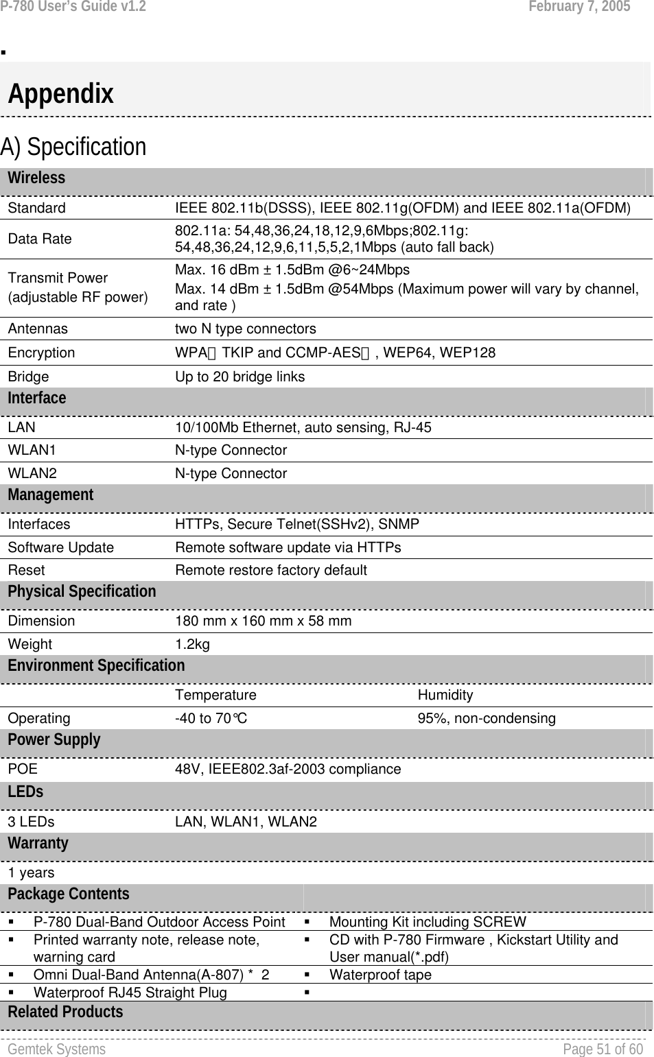 P-780 User’s Guide v1.2  February 7, 2005 Gemtek Systems    Page 51 of 60     A) Specification Wireless Standard  IEEE 802.11b(DSSS), IEEE 802.11g(OFDM) and IEEE 802.11a(OFDM) Data Rate  802.11a: 54,48,36,24,18,12,9,6Mbps;802.11g: 54,48,36,24,12,9,6,11,5,5,2,1Mbps (auto fall back) Transmit Power (adjustable RF power) Max. 16 dBm ± 1.5dBm @6~24Mbps Max. 14 dBm ± 1.5dBm @54Mbps (Maximum power will vary by channel, and rate ) Antennas  two N type connectors Encryption  WPA（TKIP and CCMP-AES）, WEP64, WEP128 Bridge   Up to 20 bridge links Interface LAN  10/100Mb Ethernet, auto sensing, RJ-45 WLAN1  N-type Connector WLAN2  N-type Connector Management Interfaces  HTTPs, Secure Telnet(SSHv2), SNMP Software Update  Remote software update via HTTPs Reset  Remote restore factory default Physical Specification Dimension   180 mm x 160 mm x 58 mm  Weight  1.2kg Environment Specification  Temperature  Humidity Operating  -40 to 70°C  95%, non-condensing Power Supply POE  48V, IEEE802.3af-2003 compliance LEDs 3 LEDs  LAN, WLAN1, WLAN2   Warranty 1 years Package Contents     P-780 Dual-Band Outdoor Access Point   Mounting Kit including SCREW   Printed warranty note, release note, warning card   CD with P-780 Firmware , Kickstart Utility and User manual(*.pdf)   Omni Dual-Band Antenna(A-807) *  2   Waterproof tape   Waterproof RJ45 Straight Plug    Related Products Appendix 