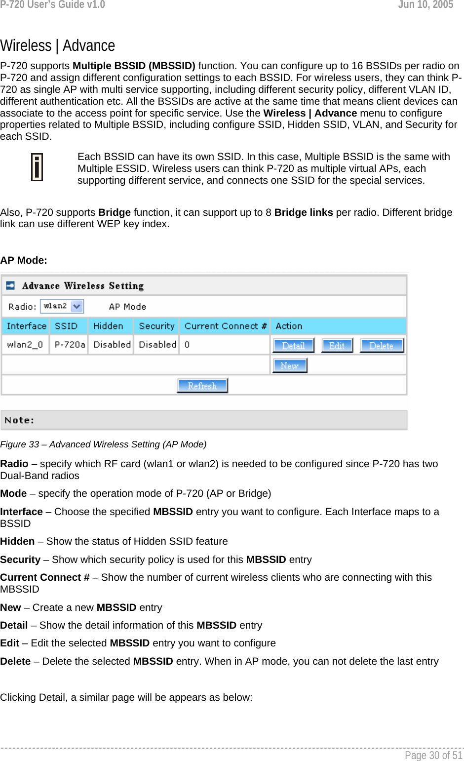 P-720 User’s Guide v1.0  Jun 10, 2005     Page 30 of 51   Wireless | Advance  P-720 supports Multiple BSSID (MBSSID) function. You can configure up to 16 BSSIDs per radio on P-720 and assign different configuration settings to each BSSID. For wireless users, they can think P-720 as single AP with multi service supporting, including different security policy, different VLAN ID, different authentication etc. All the BSSIDs are active at the same time that means client devices can associate to the access point for specific service. Use the Wireless | Advance menu to configure properties related to Multiple BSSID, including configure SSID, Hidden SSID, VLAN, and Security for each SSID.  Each BSSID can have its own SSID. In this case, Multiple BSSID is the same with Multiple ESSID. Wireless users can think P-720 as multiple virtual APs, each supporting different service, and connects one SSID for the special services.   Also, P-720 supports Bridge function, it can support up to 8 Bridge links per radio. Different bridge link can use different WEP key index.   AP Mode:  Figure 33 – Advanced Wireless Setting (AP Mode) Radio – specify which RF card (wlan1 or wlan2) is needed to be configured since P-720 has two Dual-Band radios Mode – specify the operation mode of P-720 (AP or Bridge) Interface – Choose the specified MBSSID entry you want to configure. Each Interface maps to a BSSID Hidden – Show the status of Hidden SSID feature Security – Show which security policy is used for this MBSSID entry Current Connect # – Show the number of current wireless clients who are connecting with this MBSSID New – Create a new MBSSID entry Detail – Show the detail information of this MBSSID entry Edit – Edit the selected MBSSID entry you want to configure Delete – Delete the selected MBSSID entry. When in AP mode, you can not delete the last entry  Clicking Detail, a similar page will be appears as below: 