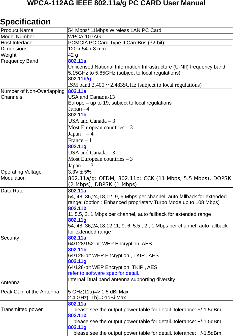 WPCA-112AG IEEE 802.11a/g PC CARD User Manual  Specification Product Name  54 Mbps/ 11Mbps Wireless LAN PC Card Model Number  WPCA-107AG Host Interface  PCMCIA PC Card Type II CardBus (32-bit) Dimensions  120 x 54 x 8 mm Weight 42 g Frequency Band  802.11a Unlicensed National Information Infrastructure (U-NII) frequency band, 5.15GHz to 5.85GHz (subject to local regulations) 802.11b/g ISM band 2.400 ~ 2.4835GHz (subject to local regulations) Number of Non-Overlapping Channels  802.11a USA and Canada-13 Europe – up to 19, subject to local regulations Japan - 4 802.11b USA and Canada – 3 Most European countries – 3 Japan  – 4 France – 1 802.11g USA and Canada – 3 Most European countries – 3 Japan  – 3 Operating Voltage  3.3V ± 5% Modulation  802.11a/g: OFDM; 802.11b: CCK (11 Mbps, 5.5 Mbps), DQPSK (2 Mbps), DBPSK (1 Mbps) Data Rate  802.11a 54, 48, 36,24,18,12, 9, 6 Mbps per channel, auto fallback for extended range; (option : Enhanced proprietary Turbo Mode up to 108 Mbps) 802.11b 11,5.5, 2, 1 Mbps per channel, auto fallback for extended range 802.11g 54, 48, 36,24,18,12,11, 9, 6, 5.5 , 2 , 1 Mbps per channel, auto fallback for extended range Security  802.11a 64/128/152-bit WEP Encryption, AES   802.11b 64/128-bit WEP Encryption , TKIP , AES 802.11g 64/128-bit WEP Encryption, TKIP , AES refer to software spec for detail. Antenna  Internal Dual band antenna supporting diversity Peak Gain of the Antenna  5 GHz(11a)=&gt; 1.5 dBi Max 2.4 GHz(11b)=&gt;1dBi Max Transmitted power  802.11a  please see the output power table for detail. tolerance: +/-1.5dBm 802.11b please see the output power table for detail. tolerance: +/-1.5dBm 802.11g please see the output power table for detail. tolerance: +/-1.5dBm 