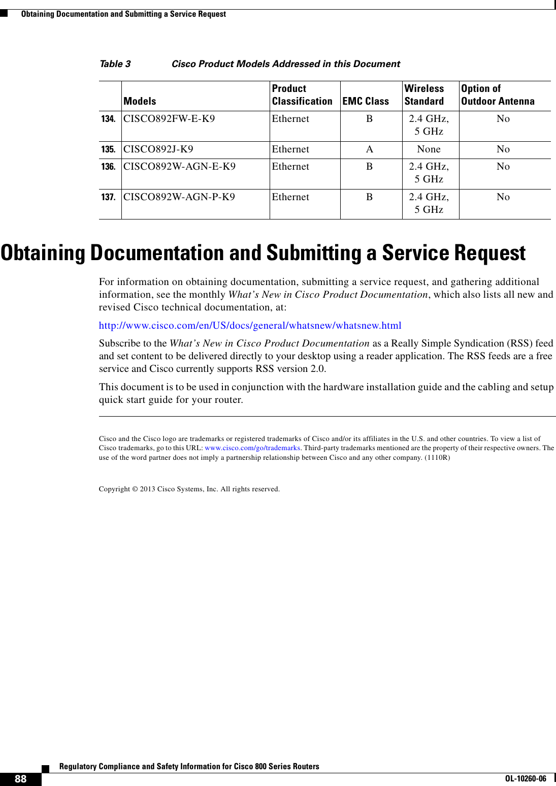 88Regulatory Compliance and Safety Information for Cisco 800 Series RoutersOL-10260-06  Obtaining Documentation and Submitting a Service RequestObtaining Documentation and Submitting a Service RequestFor information on obtaining documentation, submitting a service request, and gathering additional information, see the monthly What’s New in Cisco Product Documentation, which also lists all new and revised Cisco technical documentation, at:http://www.cisco.com/en/US/docs/general/whatsnew/whatsnew.htmlSubscribe to the What’s New in Cisco Product Documentation as a Really Simple Syndication (RSS) feed and set content to be delivered directly to your desktop using a reader application. The RSS feeds are a free service and Cisco currently supports RSS version 2.0. This document is to be used in conjunction with the hardware installation guide and the cabling and setup quick start guide for your router.Cisco and the Cisco logo are trademarks or registered trademarks of Cisco and/or its affiliates in the U.S. and other countries. To view a list of Cisco trademarks, go to this URL: www.cisco.com/go/trademarks. Third-party trademarks mentioned are the property of their respective owners. The use of the word partner does not imply a partnership relationship between Cisco and any other company. (1110R)Copyright © 2013 Cisco Systems, Inc. All rights reserved.134. CISCO892FW-E-K9 Ethernet B2.4 GHz, 5 GHz No135. CISCO892J-K9 Ethernet ANone No136. CISCO892W-AGN-E-K9 Ethernet B2.4 GHz, 5 GHz No137. CISCO892W-AGN-P-K9 Ethernet B2.4 GHz, 5 GHz NoTable 3 Cisco Product Models Addressed in this DocumentModelsProduct Classification EMC ClassWireless StandardOption of  Outdoor Antenna