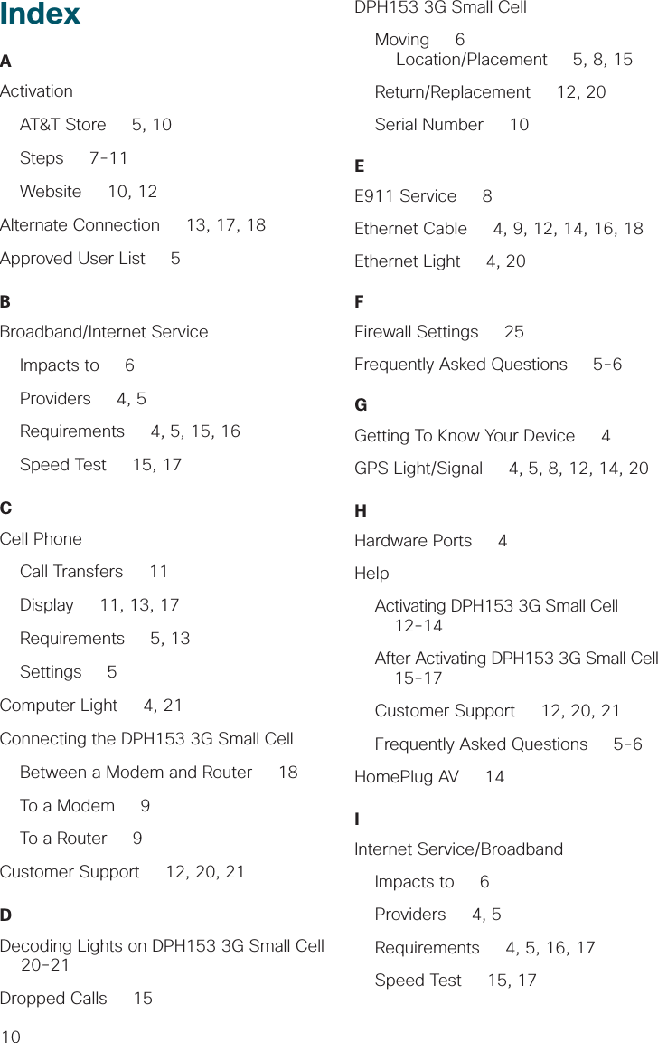 10IndexAActivation    AT&amp;T Store     5, 10     Steps     7-11    Website     10, 12Alternate Connection     13, 17, 18Approved User List     5BBroadband/Internet Service    Impacts to     6        Providers     4, 5        Requirements     4, 5, 15, 16    Speed Test     15, 17CCell Phone    Call Transfers     11          Display     11, 13, 17         Requirements     5, 13    Settings     5 Computer Light     4, 21Connecting the DPH153 3G Small Cell    Between a Modem and Router     18    To a Modem     9    To a Router     9Customer Support     12, 20, 21DDecoding Lights on DPH153 3G Small Cell     20-21Dropped Calls     15DPH153 3G Small Cell    Moving     6    Location/Placement     5, 8, 15    Return/Replacement     12, 20          Serial Number     10EE911 Service     8Ethernet Cable     4, 9, 12, 14, 16, 18Ethernet Light     4, 20  FFirewall Settings     25Frequently Asked Questions     5-6GGetting To Know Your Device     4GPS Light/Signal     4, 5, 8, 12, 14, 20HHardware Ports     4Help    Activating DPH153 3G Small Cell      12-14        After  Activating  DPH153  3G  Small  Cell                         15-17    Customer Support     12, 20, 21    Frequently Asked Questions     5-6HomePlug AV     14IInternet Service/Broadband    Impacts to     6    Providers     4, 5    Requirements     4, 5, 16, 17    Speed Test     15, 17