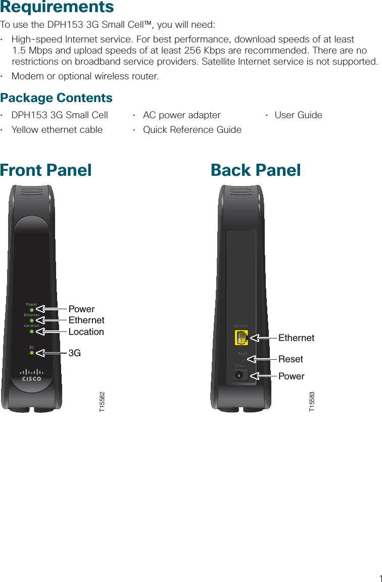 1RequirementsTo use the DPH153 3G Small Cell™, you will need:•  High-speed Internet service. For best performance, download speeds of at least 1.5 Mbps and upload speeds of at least 256 Kbps are recommended. There are no restrictions on broadband service providers. Satellite Internet service is not supported.•  Modem or optional wireless router.Package Contents•  DPH153 3G Small Cell  •  AC power adapter  •  User Guide•  Yellow ethernet cable  •  Quick Reference GuideFront Panel Back PanelPowerEthernetLocation3GT15582PowerEthernetLocation3GEthernetPowerResetEthernetPowerResetEthernetPowerResetT15583EthernetResetPower