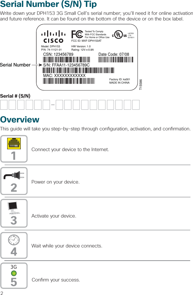 2OverviewThis guide will take you step-by-step through con guration, activation, and con rmation. Activate your device.Connect your device to the Internet.Power on your device.3124Wait while your device connects.5Con rm your success.3GSerial # (S/N)Serial Number (S/N) TipWrite down your DPH153 3G Small Cell’s serial number; you’ll need it for online activation and future reference. It can be found on the bottom of the device or on the box label.T15586Model: DPH153P/N: 74-11121-01CSN: 123456789FCC ID: MXF-DPH153ATHW Version: 1.0Rating: 12V    0.8ATested To ComplyWith FCC StandardsFor Home or Office UseLISTEDI.T.E.E218211S/N: FFAA11-123456789CMAC: XXXXXXXXXXXXDate Code: 07/08Factory ID: ks001MADE IN CHINASerial Number