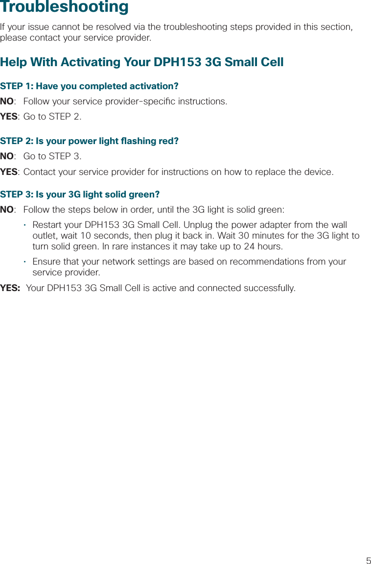 5TroubleshootingIf your issue cannot be resolved via the troubleshooting steps provided in this section, please contact your service provider.Help With Activating Your DPH153 3G Small CellSTEP 1: Have you completed activation?NO:  Follow your service provider-speci c instructions.YES: Go to STEP 2.STEP 2: Is your power light  ashing red?NO:  Go to STEP 3. YES:   Contact your service provider for instructions on how to replace the device.STEP 3: Is your 3G light solid green?NO:  Follow the steps below in order, until the 3G light is solid green:•  Restart your DPH153 3G Small Cell. Unplug the power adapter from the wall outlet, wait 10 seconds, then plug it back in. Wait 30 minutes for the 3G light to turn solid green. In rare instances it may take up to 24 hours.•  Ensure that your network settings are based on recommendations from your service provider. YES:  Your DPH153 3G Small Cell is active and connected successfully.