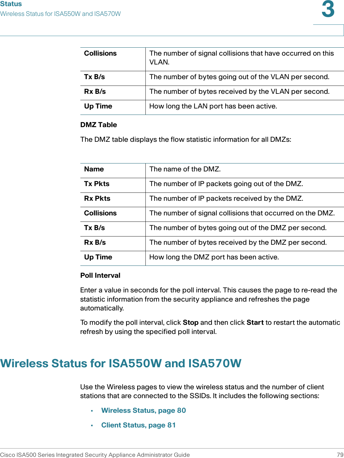 StatusWireless Status for ISA550W and ISA570WCisco ISA500 Series Integrated Security Appliance Administrator Guide 793 DMZ TableThe DMZ table displays the flow statistic information for all DMZs: Poll Interval Enter a value in seconds for the poll interval. This causes the page to re-read the statistic information from the security appliance and refreshes the page automatically. To modify the poll interval, click Stop and then click Start to restart the automatic refresh by using the specified poll interval.Wireless Status for ISA550W and ISA570WUse the Wireless pages to view the wireless status and the number of client stations that are connected to the SSIDs. It includes the following sections: •Wireless Status, page 80 •Client Status, page 81Collisions The number of signal collisions that have occurred on this VLAN.Tx B/s The number of bytes going out of the VLAN per second.Rx B/s The number of bytes received by the VLAN per second.Up Time How long the LAN port has been active. Name The name of the DMZ.Tx Pkts The number of IP packets going out of the DMZ.Rx Pkts The number of IP packets received by the DMZ.Collisions The number of signal collisions that occurred on the DMZ.Tx B/s The number of bytes going out of the DMZ per second.Rx B/s The number of bytes received by the DMZ per second.Up Time How long the DMZ port has been active. 