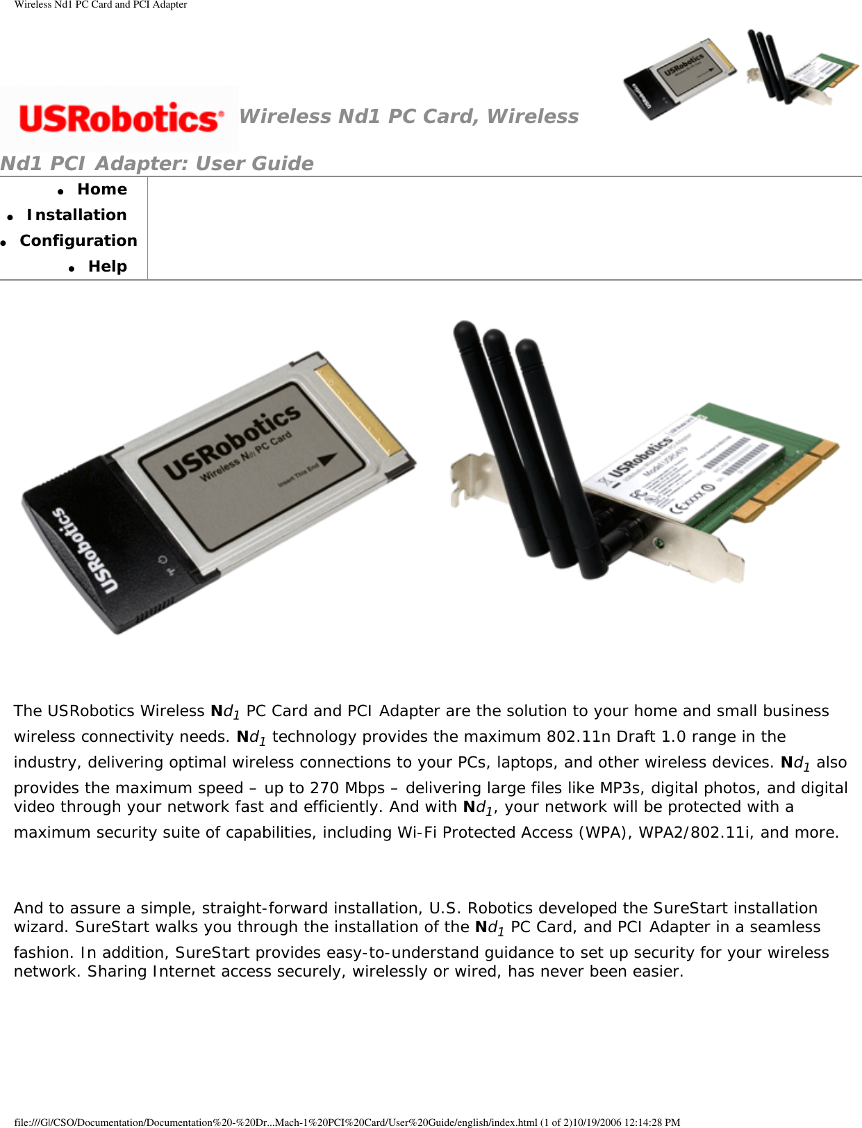 Page 1 of GemTek Technology P950622G USRobotics Wireless Nd1 PCI Adapter User Manual Wireless Nd1 PC Card and PCI Adapter