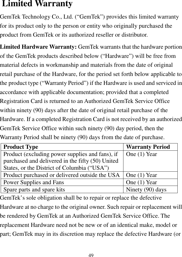 49 Limited WarrantyGemTek Technology Co., Ltd. (“GemTek”) provides this limited warrantyfor its product only to the person or entity who originally purchased theproduct from GemTek or its authorized reseller or distributor.Limited Hardware Warranty: GemTek warrants that the hardware portionof the GemTek products described below (“Hardware”) will be free frommaterial defects in workmanship and materials from the date of originalretail purchase of the Hardware, for the period set forth below applicable tothe product type (“Warranty Period”) if the Hardware is used and serviced inaccordance with applicable documentation; provided that a completedRegistration Card is returned to an Authorized GemTek Service Officewithin ninety (90) days after the date of original retail purchase of theHardware. If a completed Registration Card is not received by an authorizedGemTek Service Office within such ninety (90) day period, then theWarranty Period shall be ninety (90) days from the date of purchase.Product Type Warranty PeriodProduct (excluding power supplies and fans), ifpurchased and delivered in the fifty (50) UnitedStates, or the District of Columbia (“USA”)One (1) YearProduct purchased or delivered outside the USA One (1) YearPower Supplies and Fans One (1) YearSpare parts and spare kits Ninety (90) daysGemTek’s sole obligation shall be to repair or replace the defectiveHardware at no charge to the original owner. Such repair or replacement willbe rendered by GemTek at an Authorized GemTek Service Office. Thereplacement Hardware need not be new or of an identical make, model orpart; GemTek may in its discretion may replace the defective Hardware (or