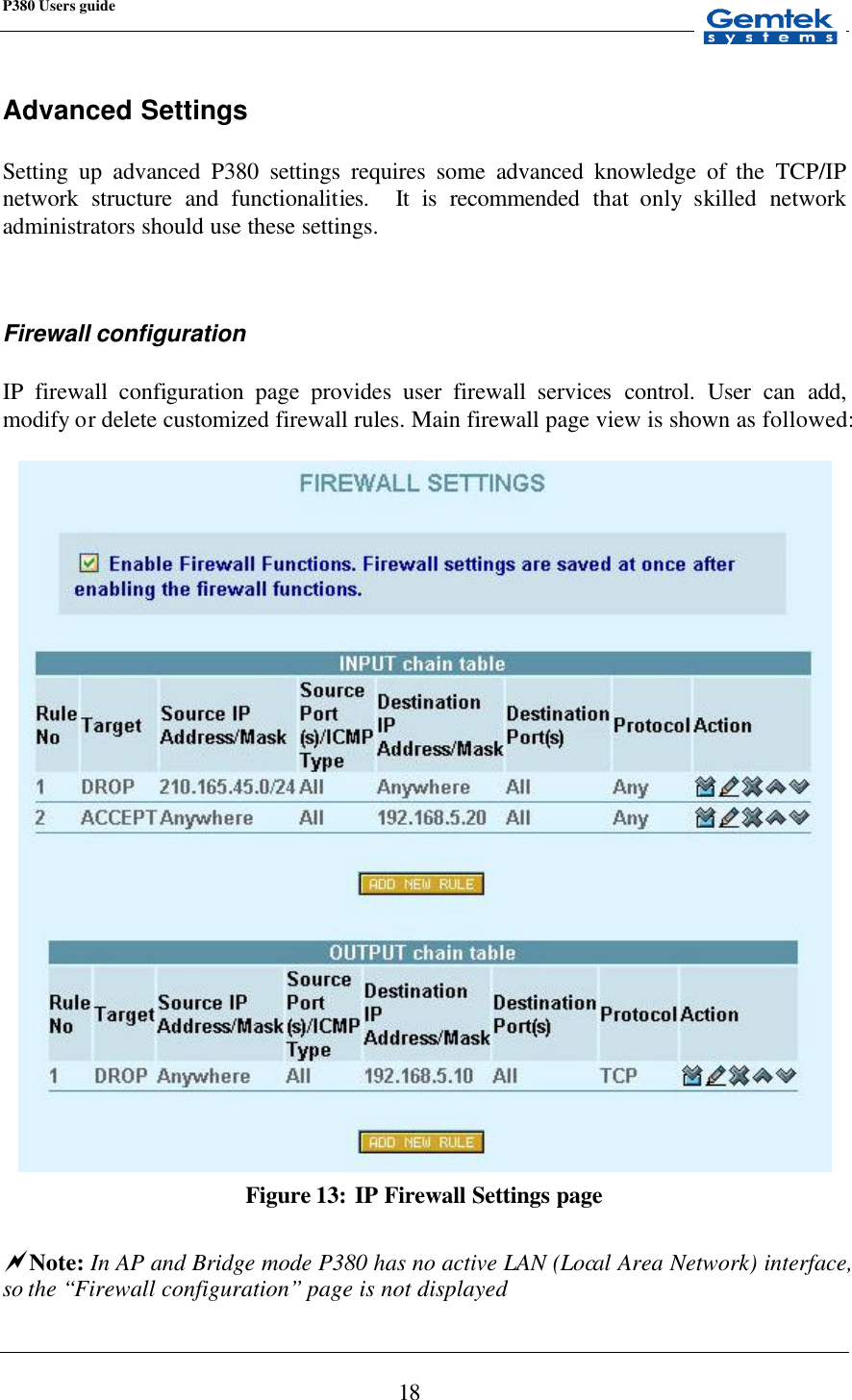 P380 Users guide            18 Advanced Settings  Setting up advanced P380 settings requires some advanced knowledge of the  TCP/IP network structure and functionalities.   It is recommended that only skilled network administrators should use these settings.   Firewall configuration  IP firewall configuration page provides user firewall services control. User can add, modify or delete customized firewall rules. Main firewall page view is shown as followed:   Figure 13: IP Firewall Settings page  ~Note: In AP and Bridge mode P380 has no active LAN (Local Area Network) interface, so the “Firewall configuration” page is not displayed  