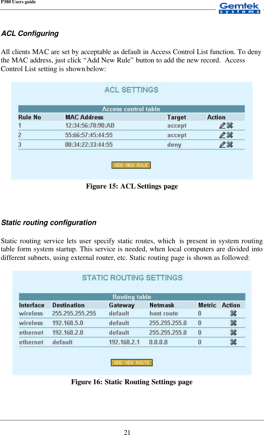 P380 Users guide            21 ACL Configuring  All clients MAC are set by acceptable as default in Access Control List function. To deny the MAC address, just click “Add New Rule” button to add the new record.  Access Control List setting is shown below:   Figure 15: ACL Settings page   Static routing configuration  Static routing service lets user specify static routes, which  is  present in system routing table form system startup. This service is needed, when local computers are divided into different subnets, using external router, etc. Static routing page is shown as followed:   Figure 16: Static Routing Settings page 