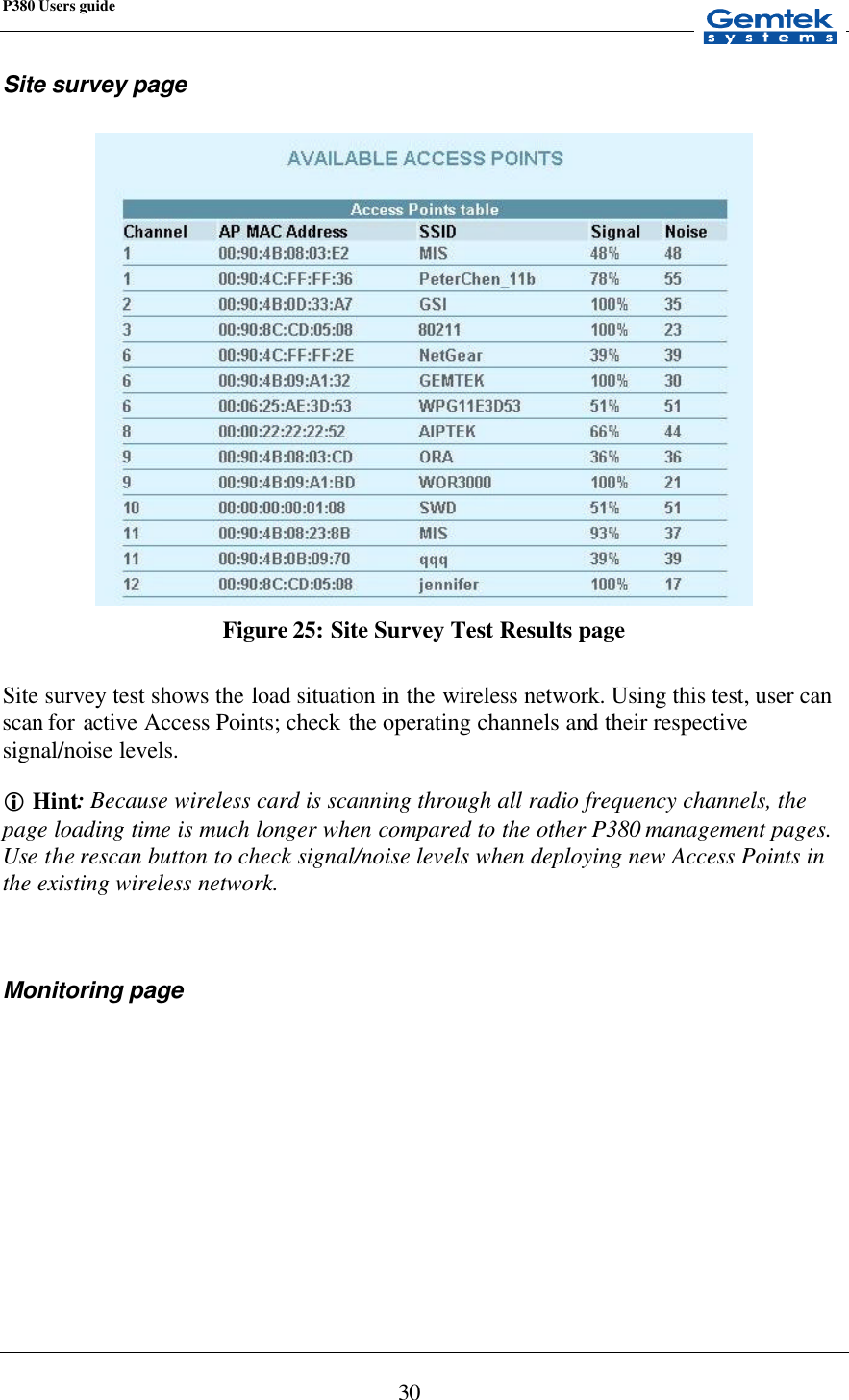 P380 Users guide            30 Site survey page   Figure 25: Site Survey Test Results page  Site survey test shows the load situation in the wireless network. Using this test, user can scan for  active Access Points; check the operating channels and their respective signal/noise levels.   i Hint: Because wireless card is scanning through all radio frequency channels, the page loading time is much longer when compared to the other P380 management pages. Use the rescan button to check signal/noise levels when deploying new Access Points in the existing wireless network.   Monitoring page  
