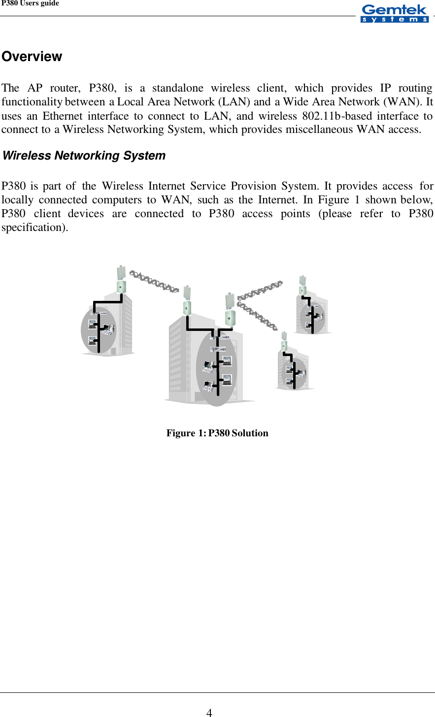 P380 Users guide            4 Overview  The  AP router, P380, is a  standalone wireless client, which provides IP routing functionality between a  Local Area Network (LAN) and a  Wide Area Network (WAN). It uses  an  Ethernet interface to connect to LAN, and wireless 802.11b-based interface to connect to a Wireless Networking System, which provides miscellaneous WAN access.  Wireless Networking System  P380 is part of  the  Wireless Internet Service Provision System. It provides access  for locally connected computers to WAN, such as the  Internet.  In Figure 1 shown below, P380 client devices are connected to P380 access points (please refer to P380 specification).    Figure 1: P380 Solution 