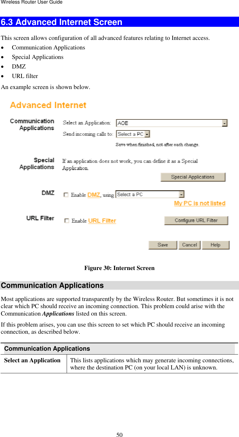 Wireless Router User Guide  506.3 Advanced Internet Screen This screen allows configuration of all advanced features relating to Internet access. •  Communication Applications •  Special Applications •  DMZ •  URL filter An example screen is shown below.  Figure 30: Internet Screen Communication Applications Most applications are supported transparently by the Wireless Router. But sometimes it is not clear which PC should receive an incoming connection. This problem could arise with the Communication Applications listed on this screen. If this problem arises, you can use this screen to set which PC should receive an incoming connection, as described below. Communication Applications Select an Application  This lists applications which may generate incoming connections, where the destination PC (on your local LAN) is unknown. 