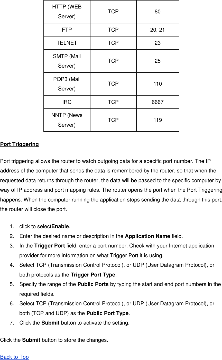 HTTP (WEB Server)  TCP 80 FTP TCP 20, 21 TELNET TCP  23 SMTP (Mail Server)  TCP 25 POP3 (Mail Server)  TCP 110 IRC TCP 6667 NNTP (News Server)  TCP 119 Port Triggering Port triggering allows the router to watch outgoing data for a specific port number. The IP address of the computer that sends the data is remembered by the router, so that when the requested data returns through the router, the data will be passed to the specific computer by way of IP address and port mapping rules. The router opens the port when the Port Triggering happens. When the computer running the application stops sending the data through this port, the router will close the port. 1.  click to selectEnable.  2.  Enter the desired name or description in the Application Name field.   3. In the Trigger Port field, enter a port number. Check with your Internet application provider for more information on what Trigger Port it is using.   4.  Select TCP (Transmission Control Protocol), or UDP (User Datagram Protocol), or both protocols as the Trigger Port Type.  5.  Specify the range of the Public Ports by typing the start and end port numbers in the required fields.   6.  Select TCP (Transmission Control Protocol), or UDP (User Datagram Protocol), or both (TCP and UDP) as the Public Port Type.  7. Click the Submit button to activate the setting. Click the Submit button to store the changes. Back to Top 