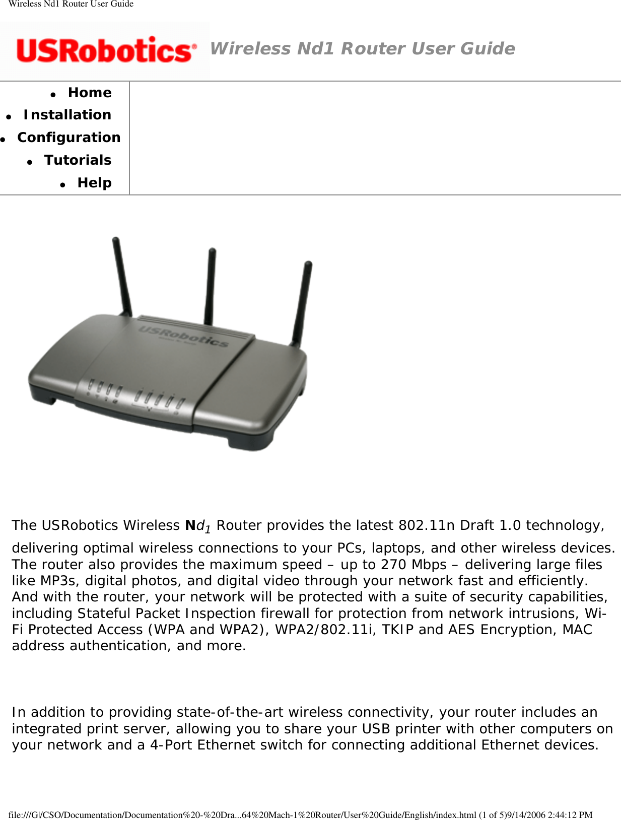 Page 1 of GemTek Technology R950630GN USRobotics Wireless Nd1 Router User Manual Wireless Nd1 Router User Guide