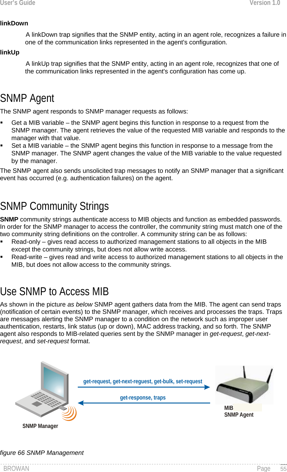 User’s Guide  Version 1.0  linkDown A linkDown trap signifies that the SNMP entity, acting in an agent role, recognizes a failure in one of the communication links represented in the agent&apos;s configuration. linkUp A linkUp trap signifies that the SNMP entity, acting in an agent role, recognizes that one of the communication links represented in the agent&apos;s configuration has come up.  SNMP Agent The SNMP agent responds to SNMP manager requests as follows:   Get a MIB variable – the SNMP agent begins this function in response to a request from the SNMP manager. The agent retrieves the value of the requested MIB variable and responds to the manager with that value.   Set a MIB variable – the SNMP agent begins this function in response to a message from the SNMP manager. The SNMP agent changes the value of the MIB variable to the value requested by the manager. The SNMP agent also sends unsolicited trap messages to notify an SNMP manager that a significant event has occurred (e.g. authentication failures) on the agent.  SNMP Community Strings SNMP community strings authenticate access to MIB objects and function as embedded passwords. In order for the SNMP manager to access the controller, the community string must match one of the two community string definitions on the controller. A community string can be as follows:   Read-only – gives read access to authorized management stations to all objects in the MIB except the community strings, but does not allow write access.   Read-write – gives read and write access to authorized management stations to all objects in the MIB, but does not allow access to the community strings.  Use SNMP to Access MIB As shown in the picture as below SNMP agent gathers data from the MIB. The agent can send traps (notification of certain events) to the SNMP manager, which receives and processes the traps. Traps are messages alerting the SNMP manager to a condition on the network such as improper user authentication, restarts, link status (up or down), MAC address tracking, and so forth. The SNMP agent also responds to MIB-related queries sent by the SNMP manager in get-request, get-next-request, and set-request format. MIBSNMP AgentP-560SNMP Managerget-response, trapsget-request, get-next-reguest, get-bulk, set-request + figure 66 SNMP Management BROWAN                                                                                                                                               Page   55