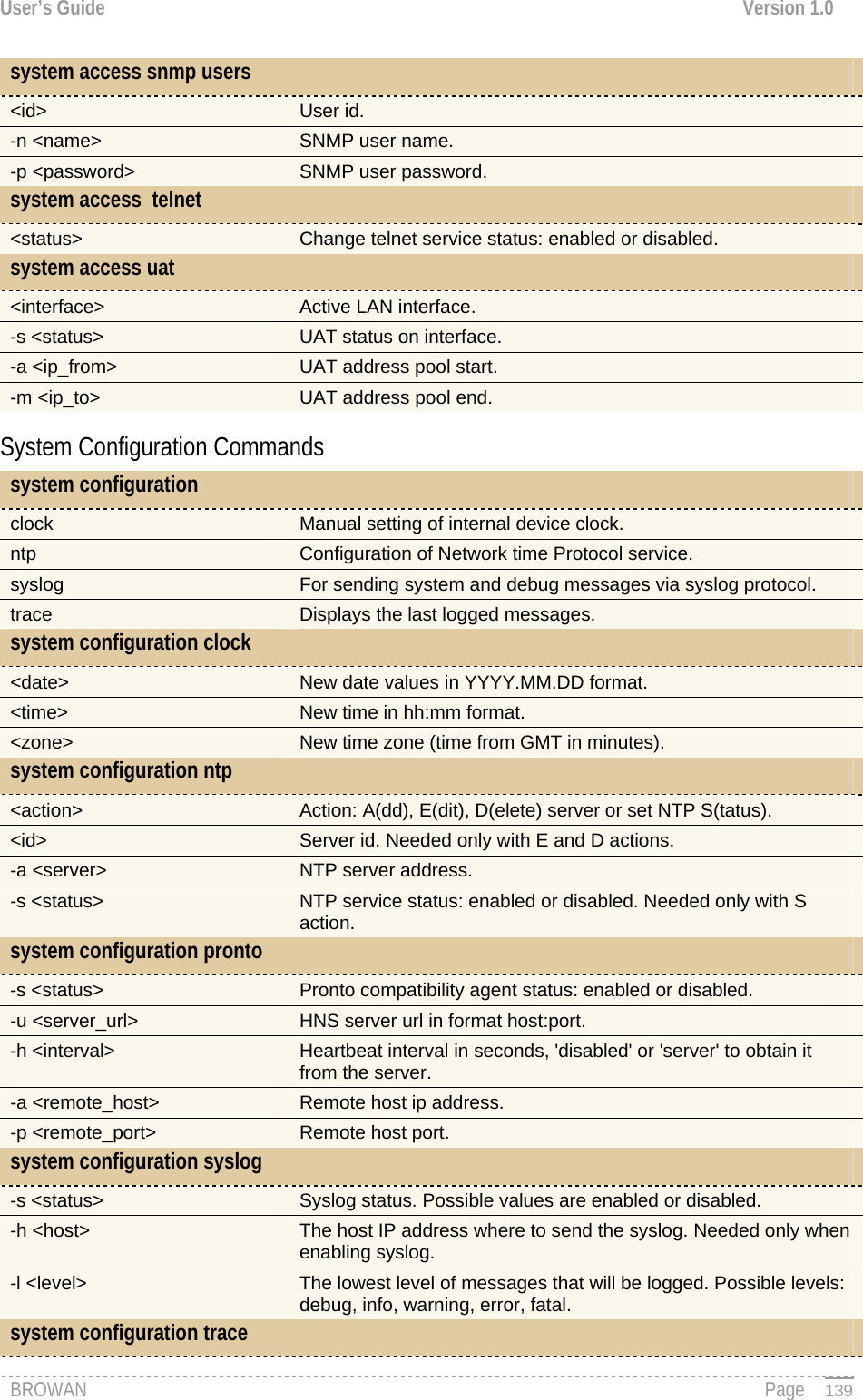 User’s Guide  Version 1.0  BROWAN                                                                                                                                               Page system access snmp users   &lt;id&gt;  User id. -n &lt;name&gt;  SNMP user name. -p &lt;password&gt;  SNMP user password. system access  telnet   &lt;status&gt;  Change telnet service status: enabled or disabled. system access uat   &lt;interface&gt;    Active LAN interface. -s &lt;status&gt;      UAT status on interface. -a &lt;ip_from&gt;  UAT address pool start. -m &lt;ip_to&gt;       UAT address pool end. System Configuration Commands system configuration    clock  Manual setting of internal device clock. ntp  Configuration of Network time Protocol service. syslog  For sending system and debug messages via syslog protocol. trace  Displays the last logged messages. system configuration clock   &lt;date&gt;  New date values in YYYY.MM.DD format. &lt;time&gt;  New time in hh:mm format. &lt;zone&gt;  New time zone (time from GMT in minutes). system configuration ntp   &lt;action&gt;  Action: A(dd), E(dit), D(elete) server or set NTP S(tatus). &lt;id&gt;  Server id. Needed only with E and D actions. -a &lt;server&gt;  NTP server address. NTP service status: enabled or disabled. Needed only with S action. -s &lt;status&gt; system configuration pronto   -s &lt;status&gt;   Pronto compatibility agent status: enabled or disabled. -u &lt;server_url&gt;  HNS server url in format host:port. Heartbeat interval in seconds, &apos;disabled&apos; or &apos;server&apos; to obtain it from the server. -h &lt;interval&gt;     -a &lt;remote_host&gt;  Remote host ip address. -p &lt;remote_port&gt;  Remote host port. system configuration syslog   -s &lt;status&gt;  Syslog status. Possible values are enabled or disabled. The host IP address where to send the syslog. Needed only when enabling syslog. -h &lt;host&gt; The lowest level of messages that will be logged. Possible levels: debug, info, warning, error, fatal. -l &lt;level&gt; system configuration trace     139