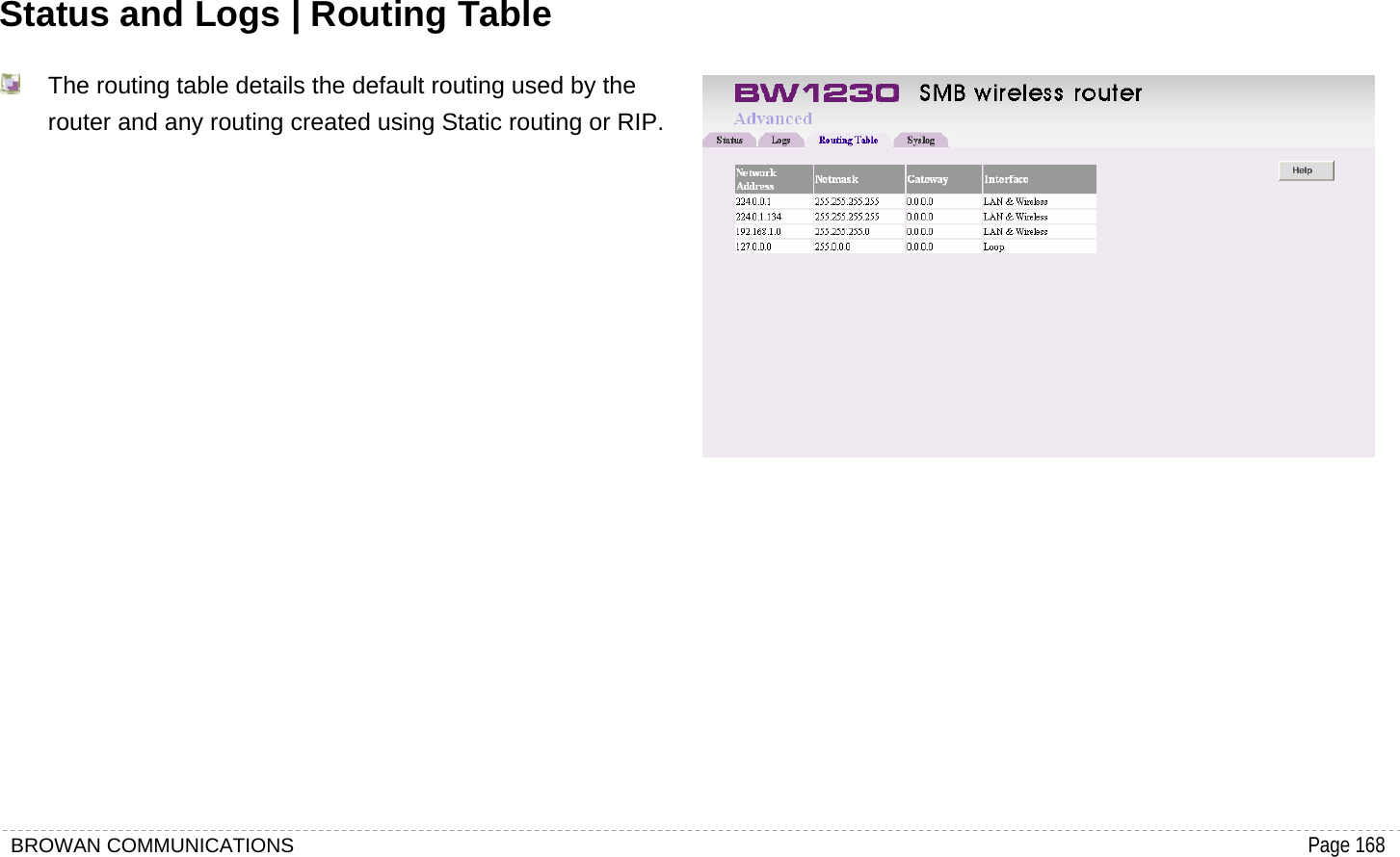 BROWAN COMMUNICATIONS                                                                                           Page 168  Status and Logs | Routing Table   The routing table details the default routing used by the router and any routing created using Static routing or RIP.           