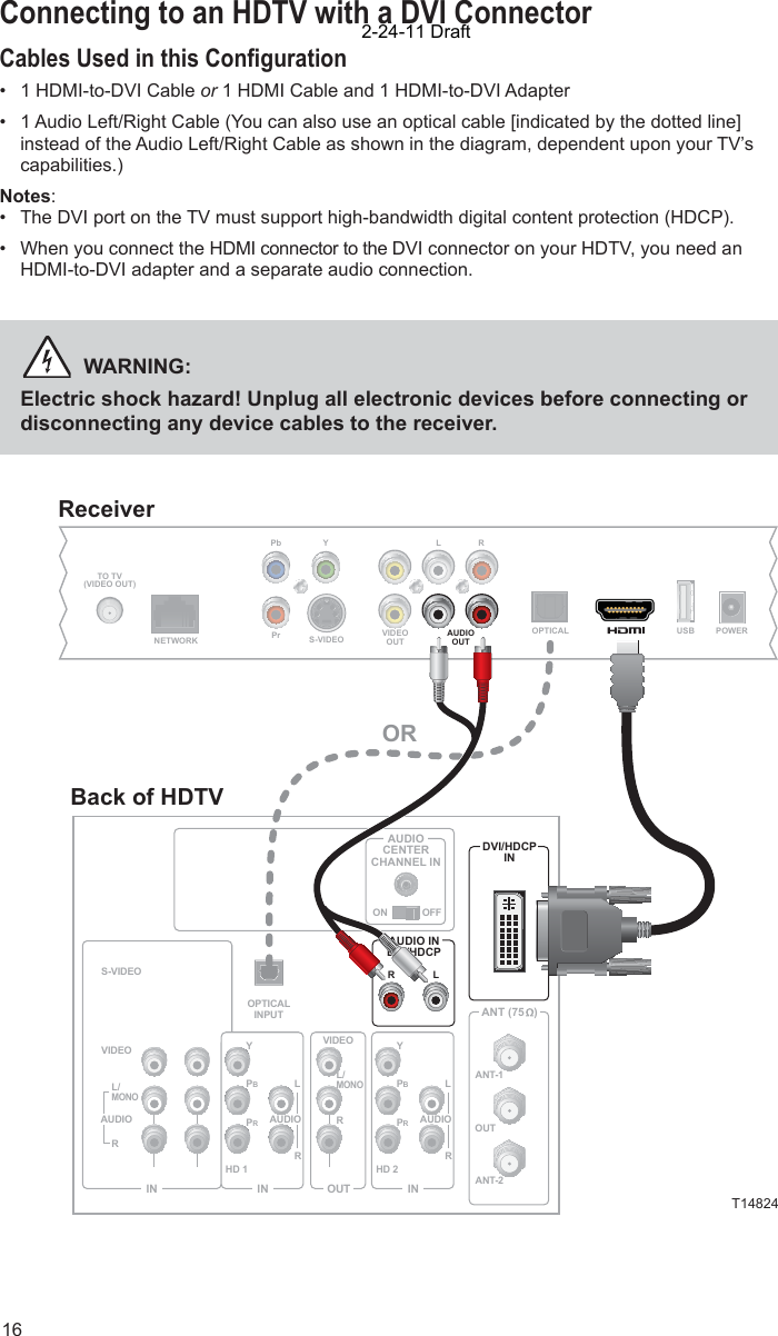 16Connecting to an HDTV with a DVI ConnectorCables Used in this Conﬁ guration•  1 HDMI-to-DVI Cable or 1 HDMI Cable and 1 HDMI-to-DVI Adapter•   1 Audio Left/Right Cable (You can also use an optical cable [indicated by the dotted line]     instead of the Audio Left/Right Cable as shown in the diagram, dependent upon your TV’s   capabilities.)Notes:•  The DVI port on the TV must support high-bandwidth digital content protection (HDCP).•  When you connect the HDMI connector to the DVI connector on your HDTV, you need an   HDMI-to-DVI adapter and a separate audio connection. WARNING:Electric shock hazard! Unplug all electronic devices before connecting or disconnecting any device cables to the receiver.ReceiverPrPb YTO TV(VIDEO OUT)S-VIDEO VIDEOOUTAUDIOOUTLROPTICALNETWORKPOWERUSBBack of HDTVAUDIOCENTERCHANNEL INANT (75   )INOUTANT-1HD 2YOUTANT-2PBPRLRVIDEOL/MONORL/MONORAUDIOINON OFFINHD 1S-VIDEOVIDEO YPBPRLRAUDIOAUDIODVI/HDCPINAUDIO INDVI/HDCPLROPTICALINPUTORT148242-24-11 Draft