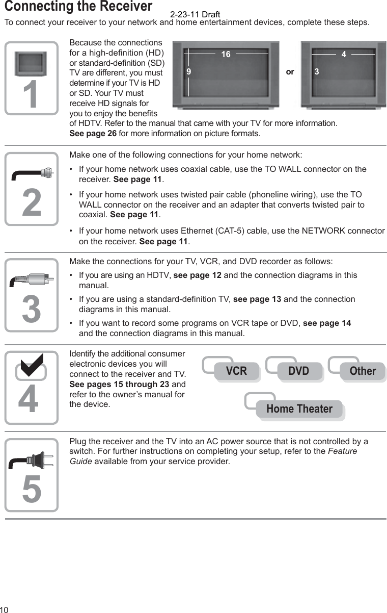 10Because the connections for a high-deﬁ nition (HD) or standard-deﬁ nition (SD) TV are different, you must determine if your TV is HD or SD. Your TV must receive HD signals for you to enjoy the beneﬁ ts of HDTV. Refer to the manual that came with your TV for more information.See page 26 for more information on picture formats.Make one of the following connections for your home network:•  If your home network uses coaxial cable, use the TO WALL connector on the receiver. See page 11.•  If your home network uses twisted pair cable (phoneline wiring), use the TO WALL connector on the receiver and an adapter that converts twisted pair to coaxial. See page 11.•  If your home network uses Ethernet (CAT-5) cable, use the NETWORK connector on the receiver. See page 11.Connecting the ReceiverTo connect your receiver to your network and home entertainment devices, complete these steps.Identify the additional consumer electronic devices you will connect to the receiver and TV. See pages 15 through 23 and refer to the owner’s manual for the device.Plug the receiver and the TV into an AC power source that is not controlled by a switch. For further instructions on completing your setup, refer to the FeatureGuide available from your service provider.Make the connections for your TV, VCR, and DVD recorder as follows:•  If you are using an HDTV, see page 12 and the connection diagrams in this  manual.•  If you are using a standard-deﬁ nition TV, see page 13 and the connection      diagrams in this manual.•  If you want to record some programs on VCR tape or DVD, see page 14   and the connection diagrams in this manual.12354Home TheaterOtherDVDVCR916 43or2-23-11 Draft