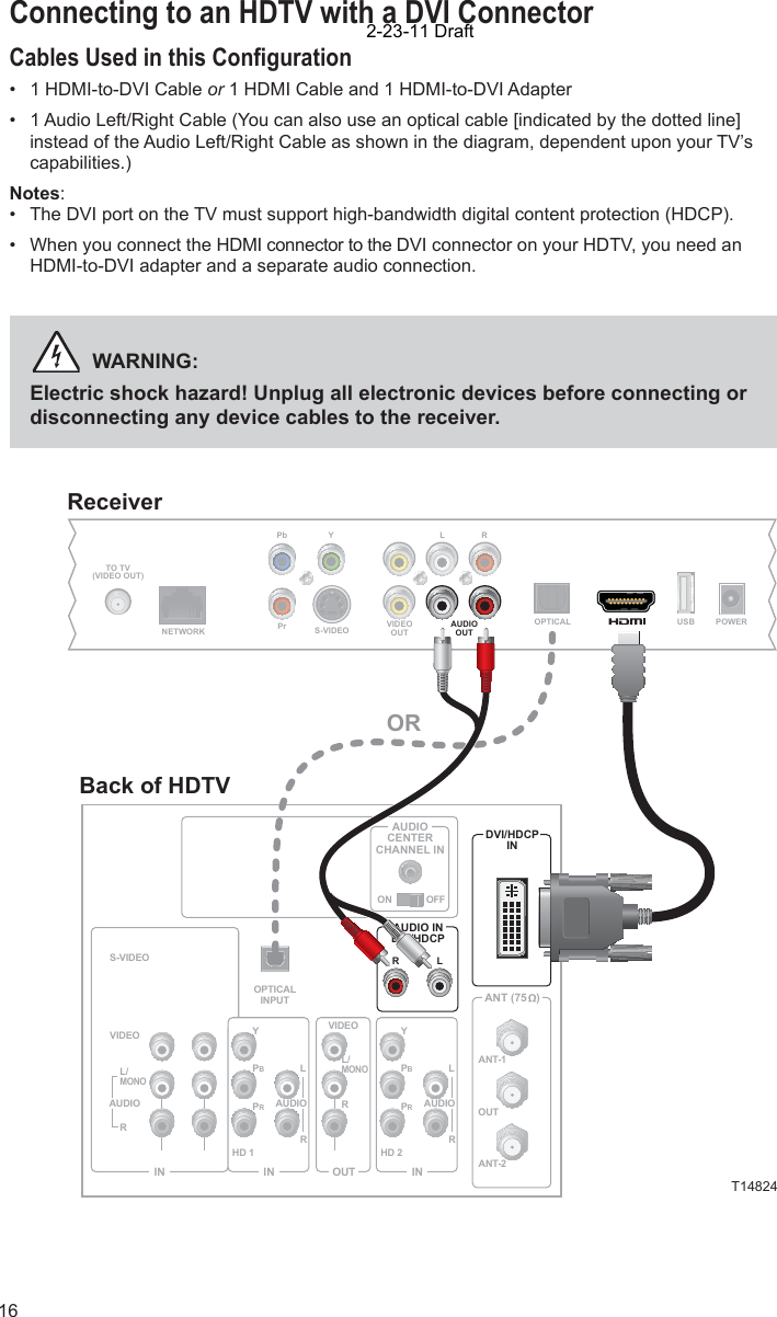 16Connecting to an HDTV with a DVI ConnectorCables Used in this Conﬁ guration•  1 HDMI-to-DVI Cable or 1 HDMI Cable and 1 HDMI-to-DVI Adapter•   1 Audio Left/Right Cable (You can also use an optical cable [indicated by the dotted line]     instead of the Audio Left/Right Cable as shown in the diagram, dependent upon your TV’s   capabilities.)Notes:•  The DVI port on the TV must support high-bandwidth digital content protection (HDCP).•  When you connect the HDMI connector to the DVI connector on your HDTV, you need an   HDMI-to-DVI adapter and a separate audio connection. WARNING:Electric shock hazard! Unplug all electronic devices before connecting or disconnecting any device cables to the receiver.ReceiverPrPb YTO TV(VIDEO OUT)S-VIDEO VIDEOOUTAUDIOOUTLROPTICALNETWORKPOWERUSBBack of HDTVAUDIOCENTERCHANNEL INANT (75   )INOUTANT-1HD 2YOUTANT-2PBPRLRVIDEOL/MONORL/MONORAUDIOINON OFFINHD 1S-VIDEOVIDEO YPBPRLRAUDIOAUDIODVI/HDCPINAUDIO INDVI/HDCPLROPTICALINPUTORT148242-23-11 Draft