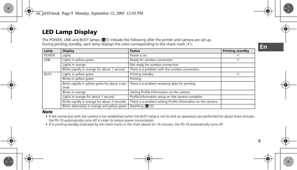 9EnLED Lamp DisplayThe POWER, LINK and BUSY lamps (c3) indicate the following after the printer and camera are set up.During printing standby, each lamp displays the color corresponding to the check mark (9).Note• If the connection with the camera is not established (when the BUSY lamp is not lit) and no operations are performed for about three minutes,the PD-10 automatically turns off in order to reduce power consumption.• If in printing standby (indicated by the check marks in the chart above) for 10 minutes, the PD-10 automatically turns off.Lamp Display Status Printing standbyPOWER Lights Power is on 9LINK Lights in yellow green Ready for wireless connection 9Lights in orange Not ready for wireless connectionBlinks rapidly in orange for about 1 second There is a problem with the wireless connection.BUSY Lights in yellow green Printing standby 9Blinks in yellow green PrintingBlinks rapidly in yellow green for about 3 sec-ondsThere is a problem receiving data for printing.Blinks in orange Setting Profile Information on the cameraLights in orange for about 1 second Profile Information setup on the camera completeBlinks rapidly in orange for about 3 seconds There is a problem setting Profile Information on the camera.Blinks alternately in orange and yellow green Resetting (c10)en_pd10.book  Page 9  Monday, September 12, 2005  12:43 PM