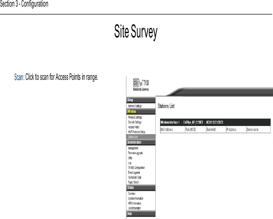  Section 3 - Configuration Site Survey Scan: Click to scan for Access Points in range. CellPipe 7130 RG 1Ez.N0001  19  