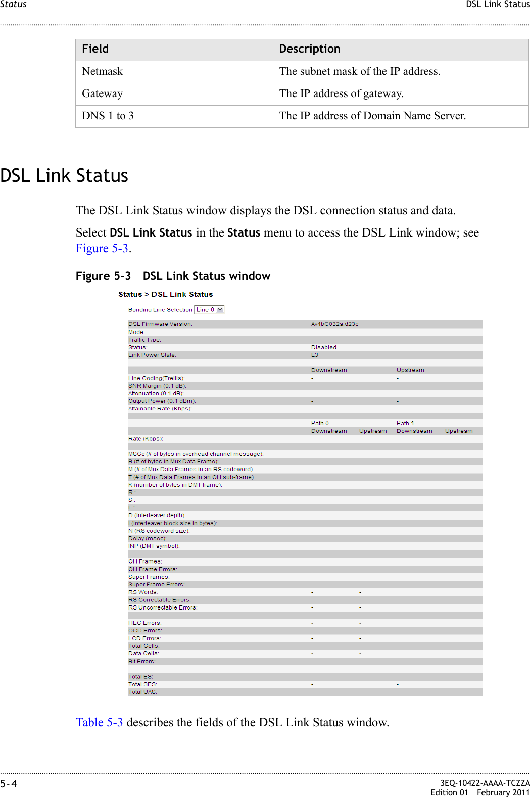 ............................................................................................................................................................................................................................................................DSL Link StatusStatus5-4  3EQ-10422-AAAA-TCZZAEdition 01 February 2011............................................................................................................................................................................................................................................................DSL Link StatusThe DSL Link Status window displays the DSL connection status and data.Select DSL Link Status in the Status menu to access the DSL Link window; see Figure 5-3.Figure 5-3 DSL Link Status windowTable 5-3 describes the fields of the DSL Link Status window.Netmask The subnet mask of the IP address.Gateway The IP address of gateway.DNS 1 to 3 The IP address of Domain Name Server.Field Description