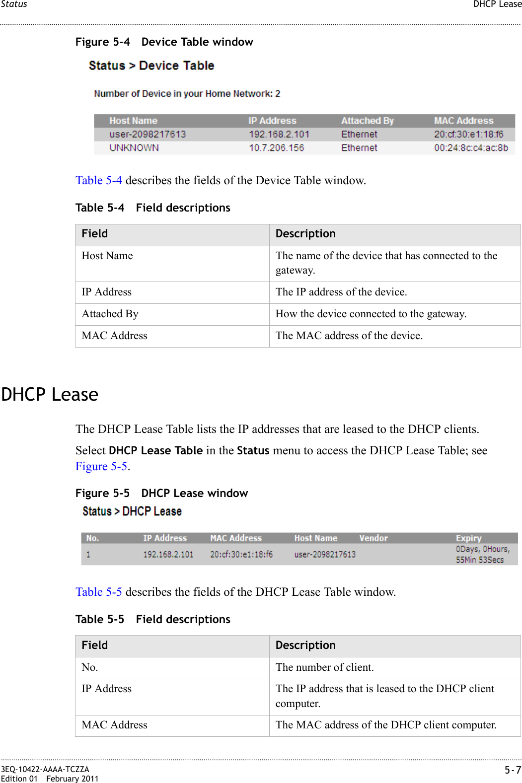 DHCP LeaseStatus............................................................................................................................................................................................................................................................3EQ-10422-AAAA-TCZZAEdition 01 February 2011 5-7............................................................................................................................................................................................................................................................Figure 5-4 Device Table windowTable 5-4 describes the fields of the Device Table window.Table 5-4 Field descriptionsDHCP LeaseThe DHCP Lease Table lists the IP addresses that are leased to the DHCP clients.Select DHCP Lease Table in the Status menu to access the DHCP Lease Table; see Figure 5-5.Figure 5-5 DHCP Lease windowTable 5-5 describes the fields of the DHCP Lease Table window.Table 5-5 Field descriptionsField DescriptionHost Name The name of the device that has connected to the gateway.IP Address The IP address of the device.Attached By How the device connected to the gateway.MAC Address The MAC address of the device.Field DescriptionNo. The number of client.IP Address The IP address that is leased to the DHCP client computer.MAC Address The MAC address of the DHCP client computer.
