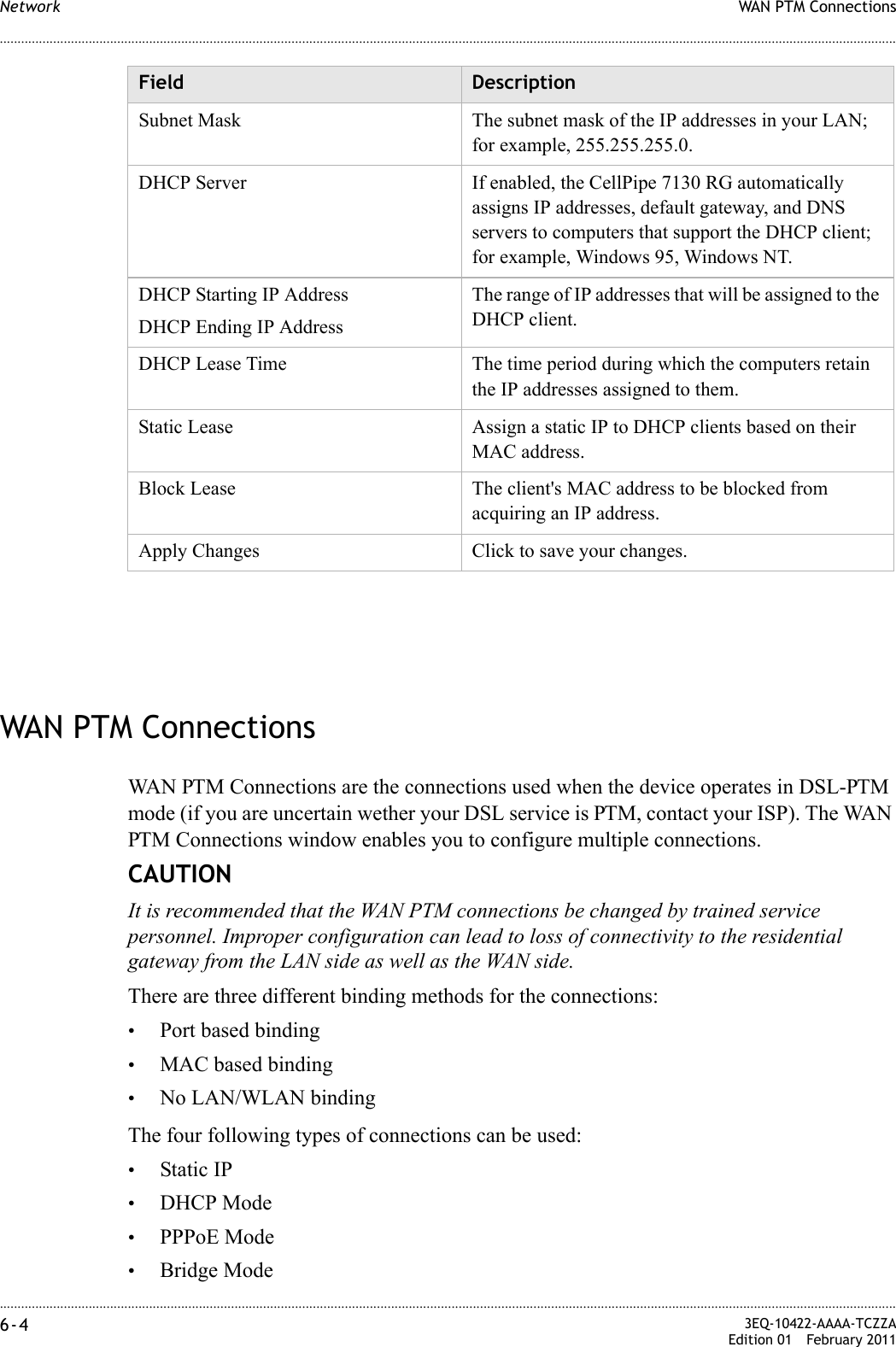 ............................................................................................................................................................................................................................................................WAN PTM ConnectionsNetwork6-4  3EQ-10422-AAAA-TCZZAEdition 01 February 2011............................................................................................................................................................................................................................................................WAN PTM ConnectionsWAN PTM Connections are the connections used when the device operates in DSL-PTM mode (if you are uncertain wether your DSL service is PTM, contact your ISP). The WAN PTM Connections window enables you to configure multiple connections.CAUTIONIt is recommended that the WAN PTM connections be changed by trained service personnel. Improper configuration can lead to loss of connectivity to the residential gateway from the LAN side as well as the WAN side.There are three different binding methods for the connections: •Port based binding•MAC based binding•No LAN/WLAN bindingThe four following types of connections can be used:•Static IP•DHCP Mode•PPPoE Mode•Bridge ModeSubnet Mask The subnet mask of the IP addresses in your LAN; for example, 255.255.255.0.DHCP Server If enabled, the CellPipe 7130 RG automatically assigns IP addresses, default gateway, and DNS servers to computers that support the DHCP client; for example, Windows 95, Windows NT.DHCP Starting IP AddressDHCP Ending IP AddressThe range of IP addresses that will be assigned to the DHCP client.DHCP Lease Time The time period during which the computers retain the IP addresses assigned to them.Static Lease Assign a static IP to DHCP clients based on their MAC address.Block Lease The client&apos;s MAC address to be blocked from acquiring an IP address.Apply Changes Click to save your changes.Field Description
