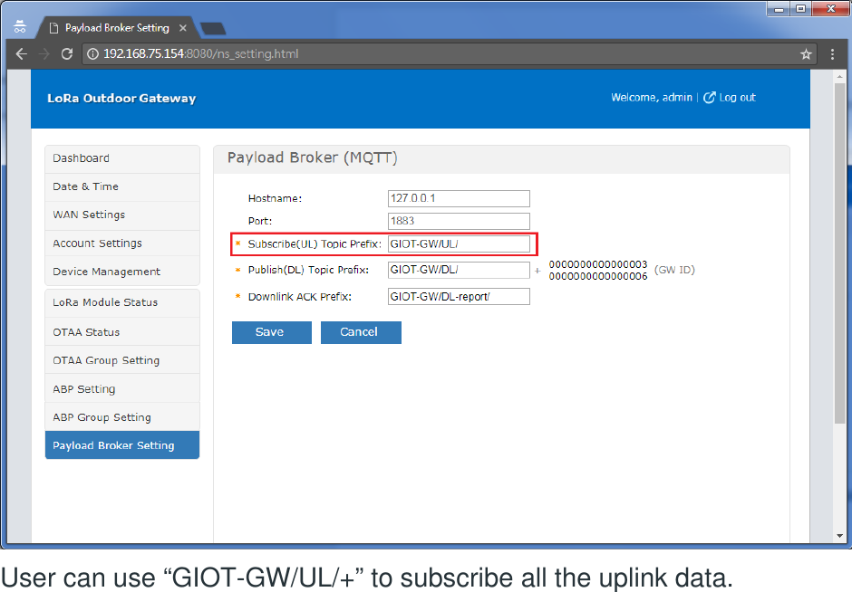  User can use “GIOT-GW/UL/+” to subscribe all the uplink data.   